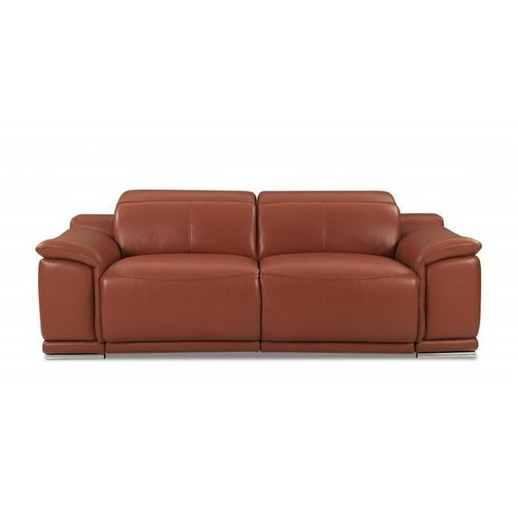 86 in. Genuine Leather Reclining Sofa, Camel Brown