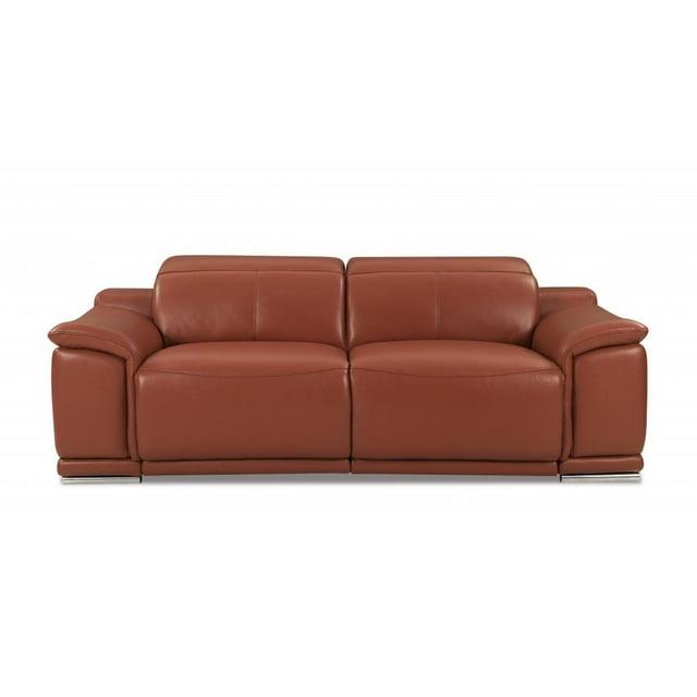 86 in. Genuine Leather Reclining Sofa, Camel Brown