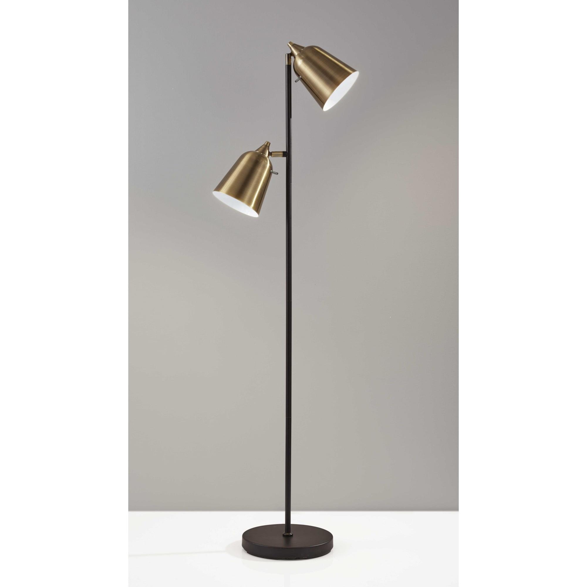 Mid-Century Modern Matte Black Metal Floor Lamp with Adjustable Antique Brass Shades
