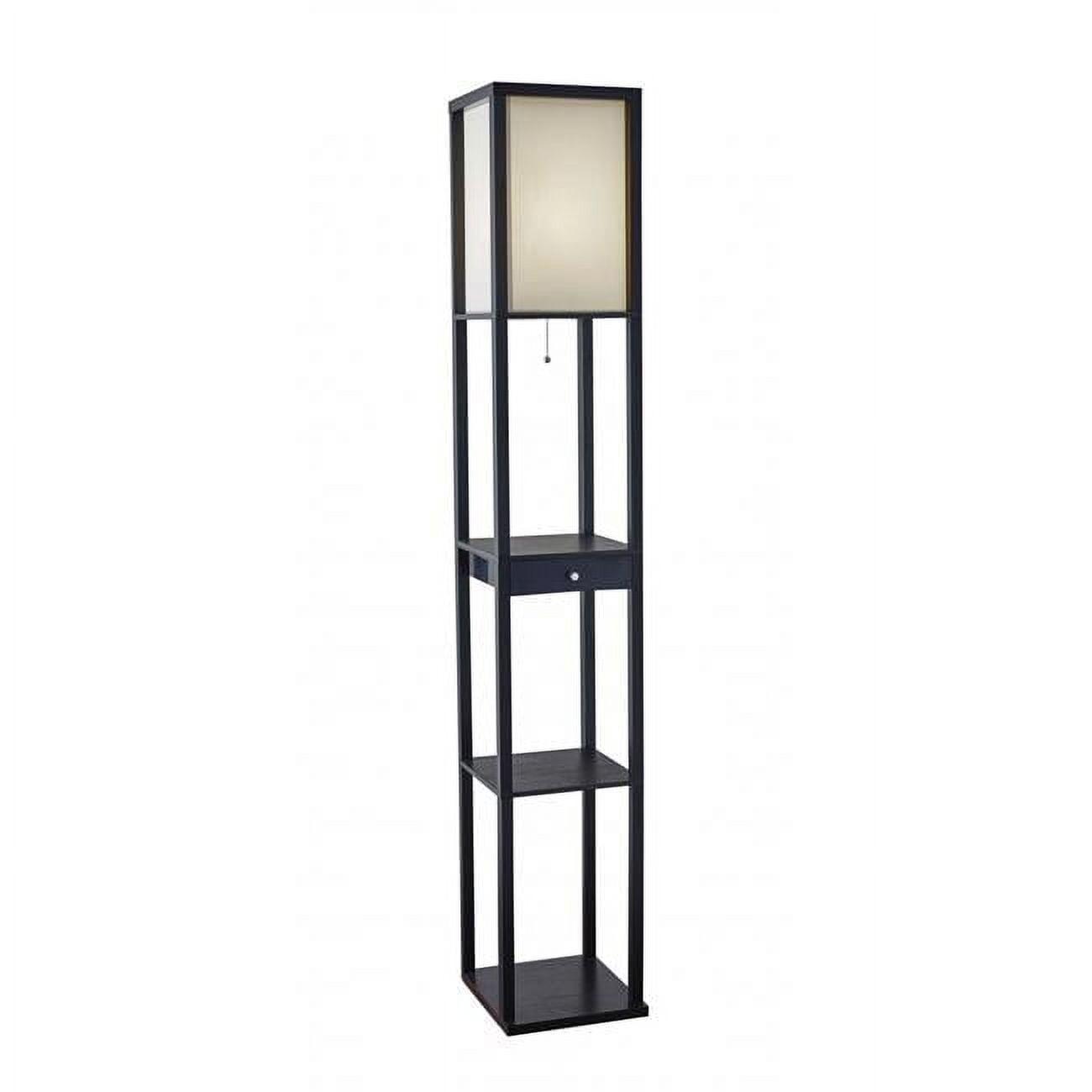 Ellis Black Wood Shelf Floor Lamp with Drawer and Off-White Shade