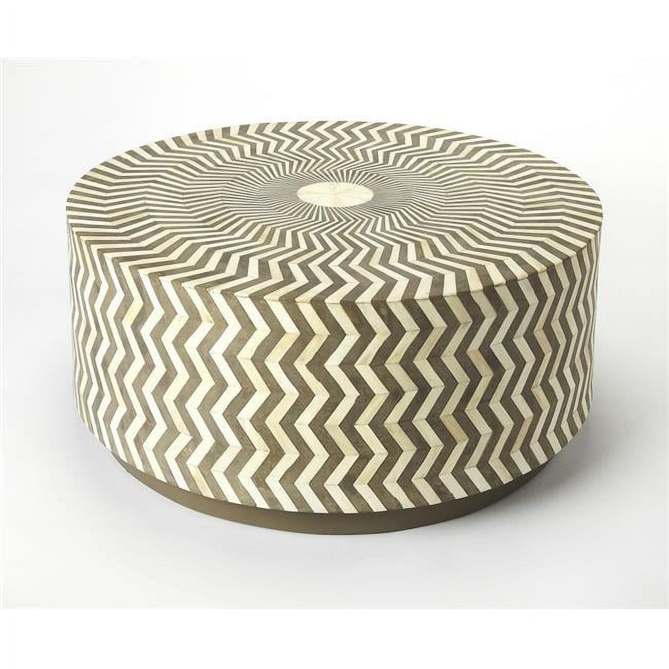 Modern Round Taupe & White Bone Inlay Lift-Top Coffee Table