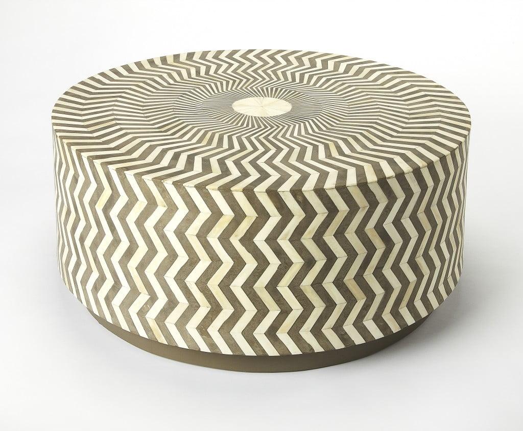 Modern Round Taupe & White Bone Inlay Lift-Top Coffee Table