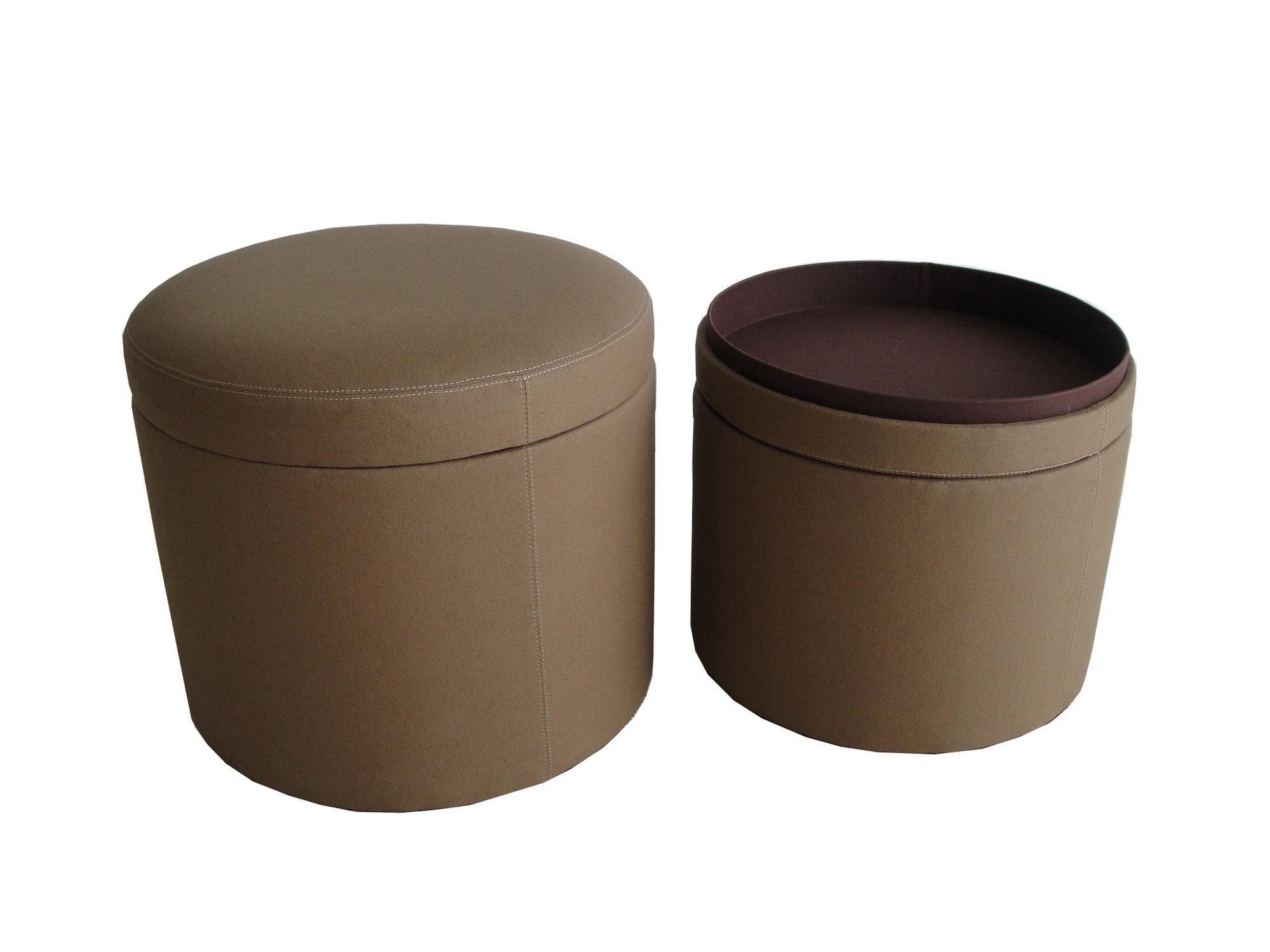 19" Tan Canvas Round Storage Ottoman with Faux Leather Accents