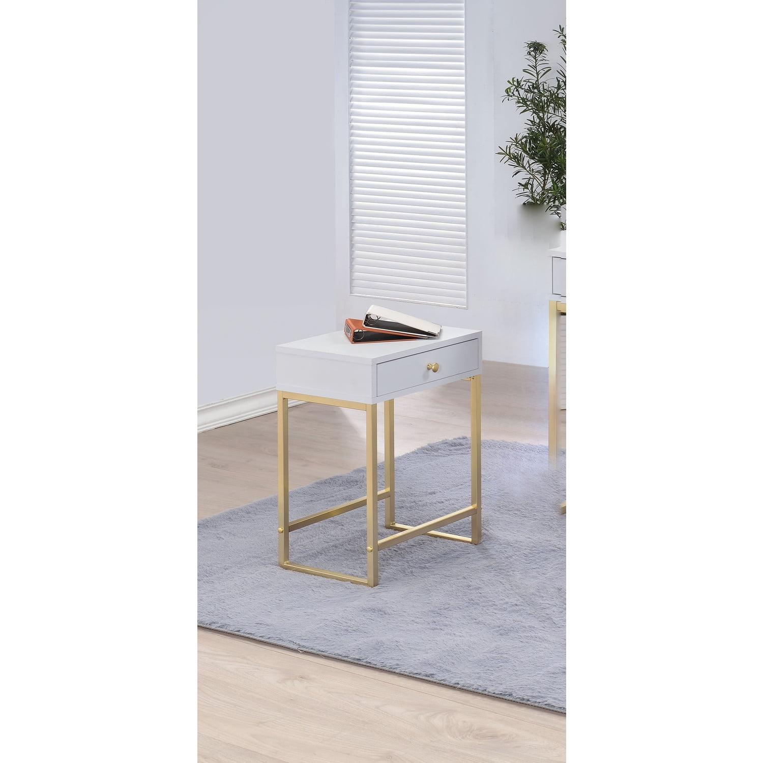 Elegant White and Brass Side Table with Storage Drawer