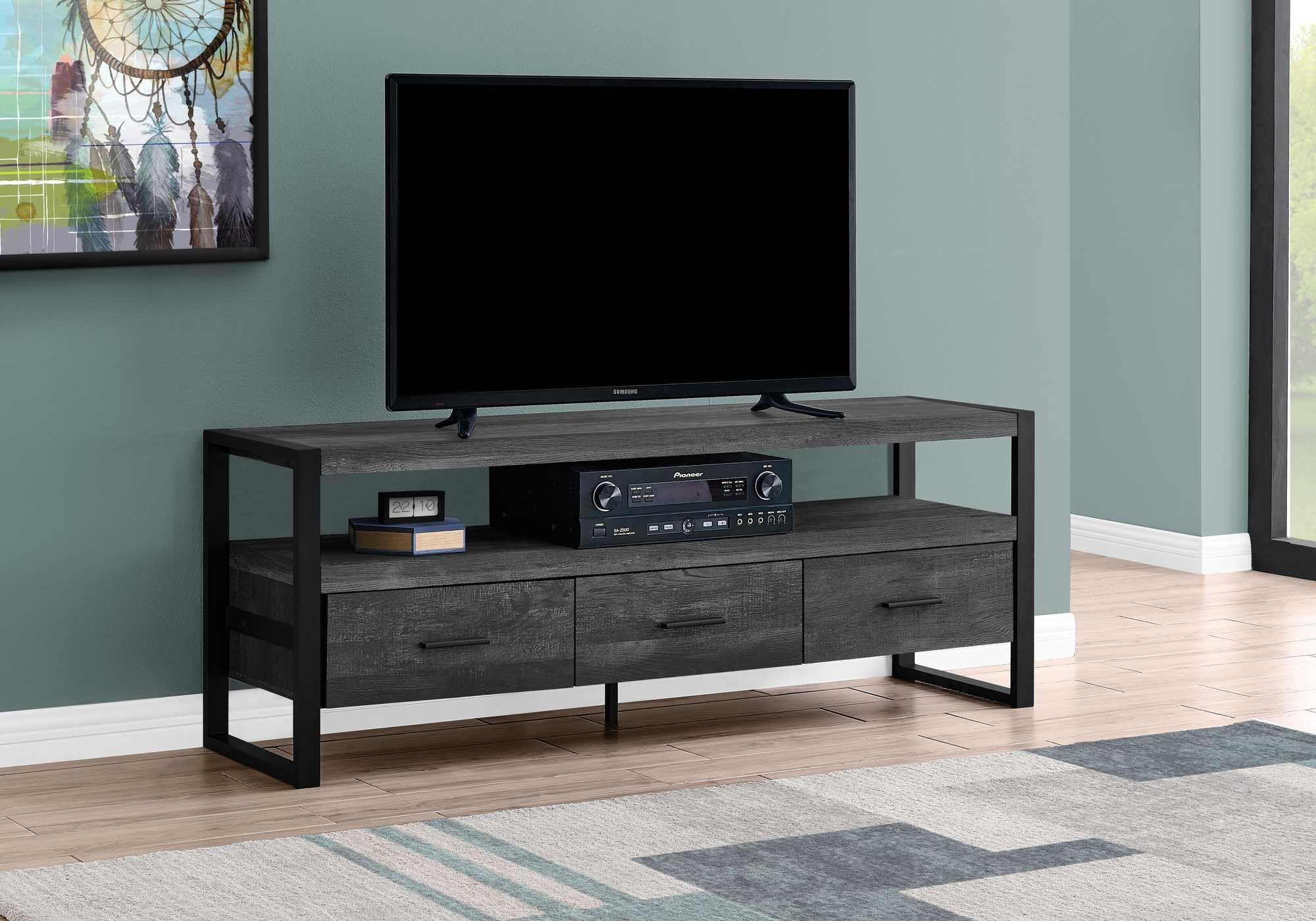 Black Particle Board and Metal TV Stand with Drawers