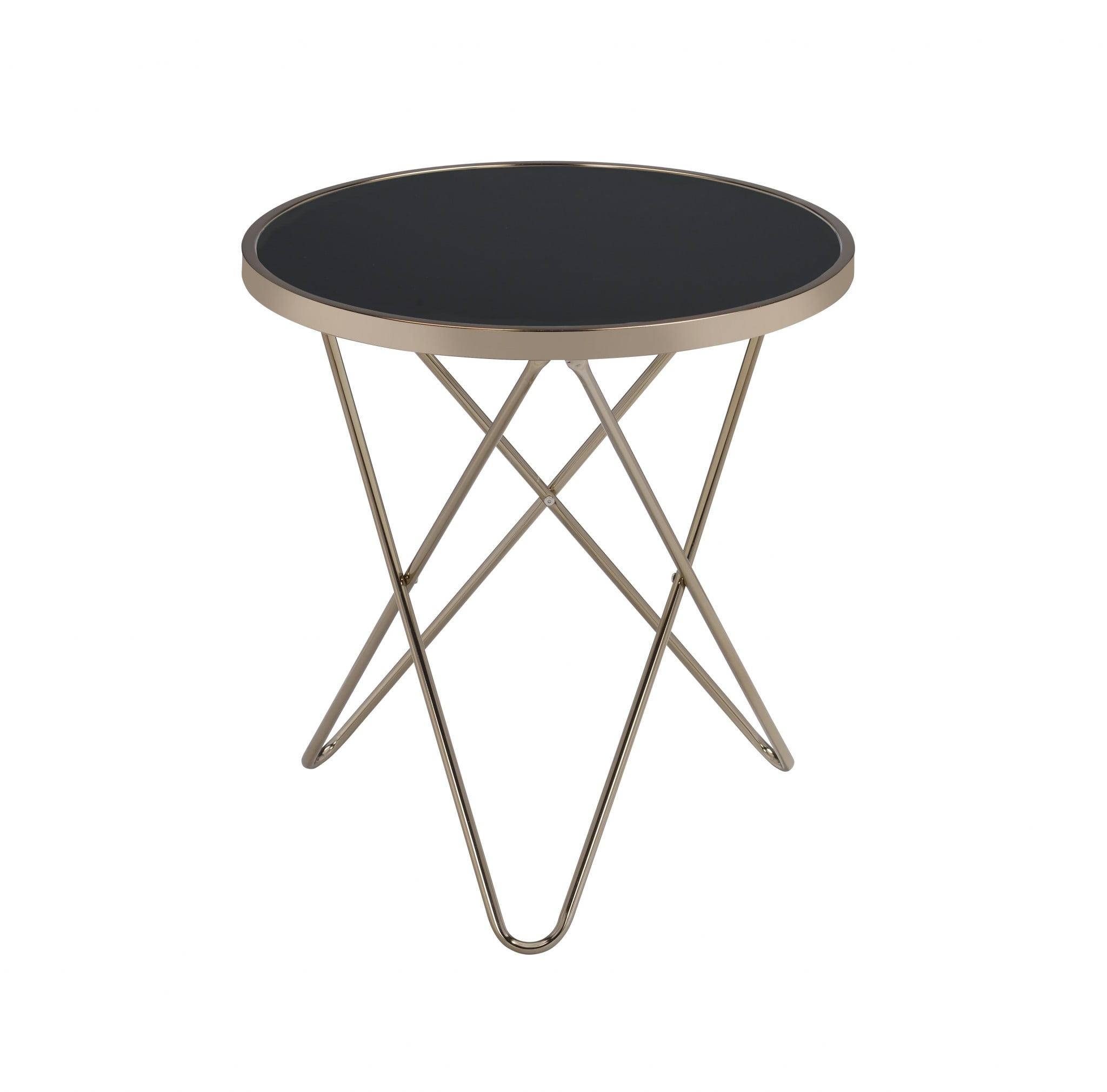 22'' Round Black Glass and Champagne Metal End Table