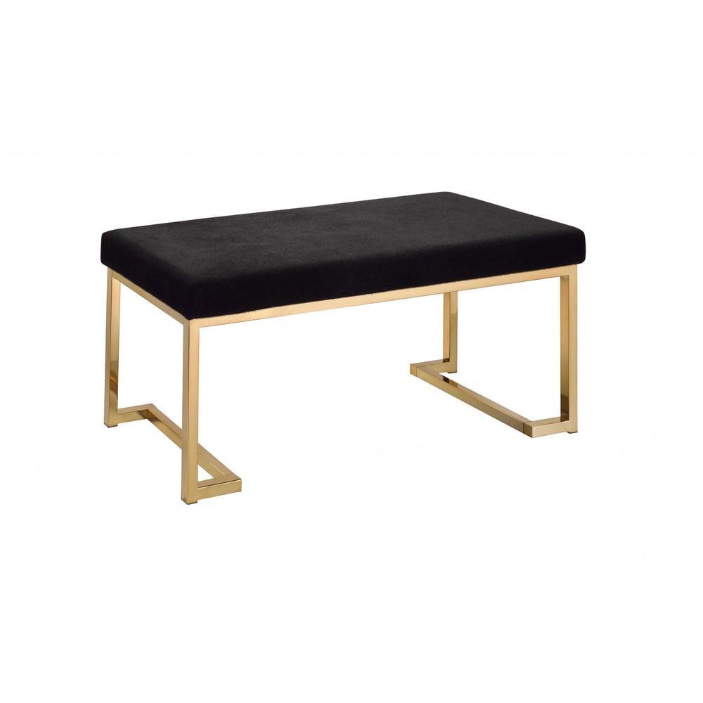 HomeRoots Modern Rectangular Black Padded Bench with Champagne Metal Base - 286427