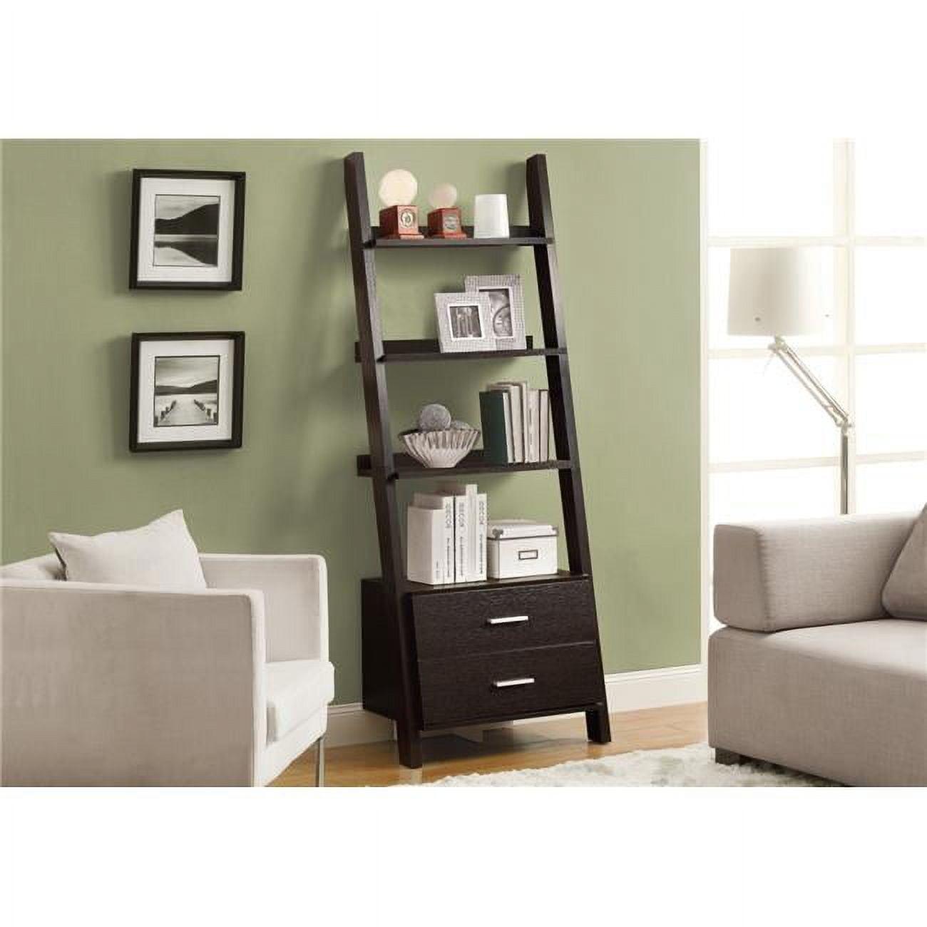 69'' Dark Brown Particle Board Ladder Bookcase with Drawers