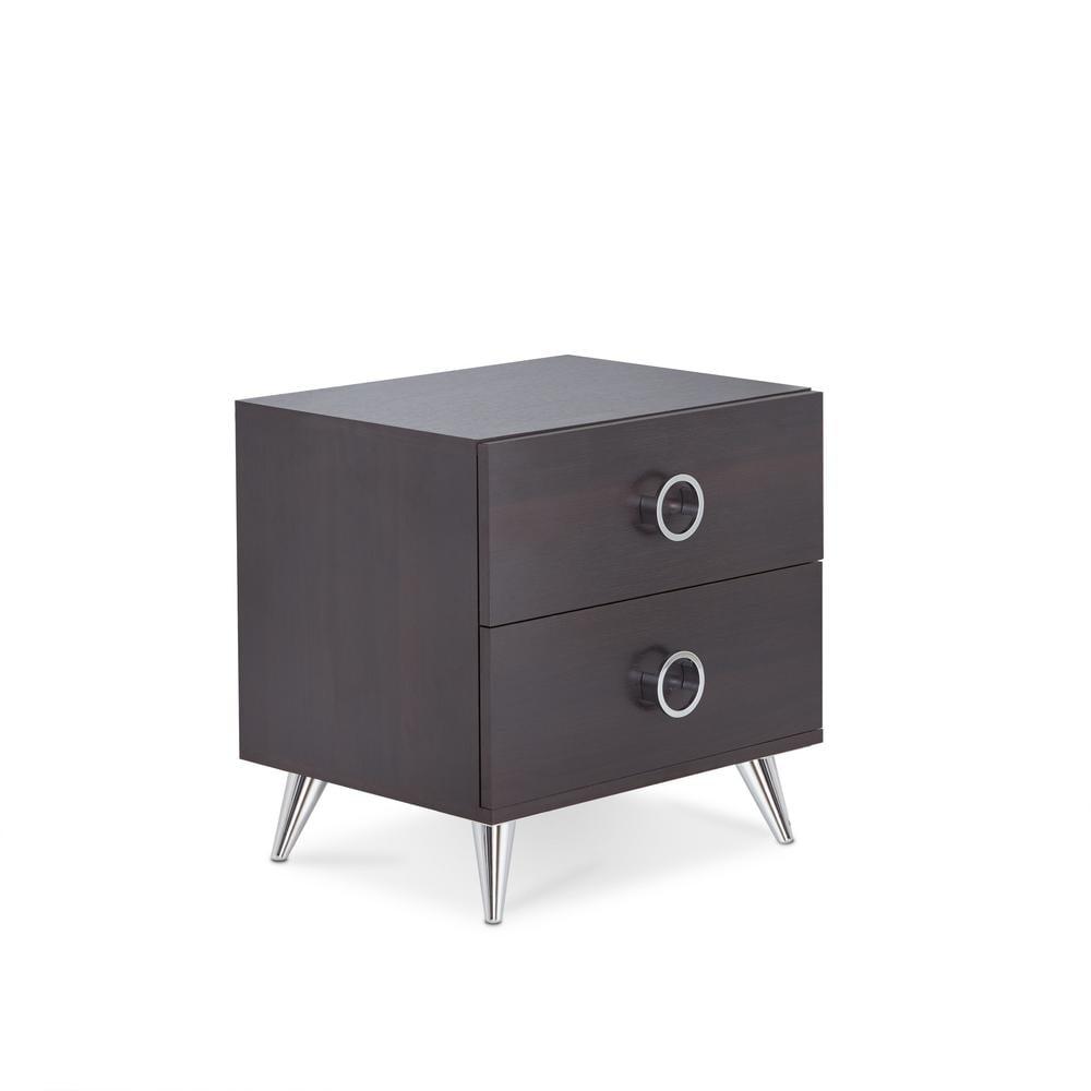 Espresso Wood 2-Drawer Rectangular Night Stand with Silver Legs