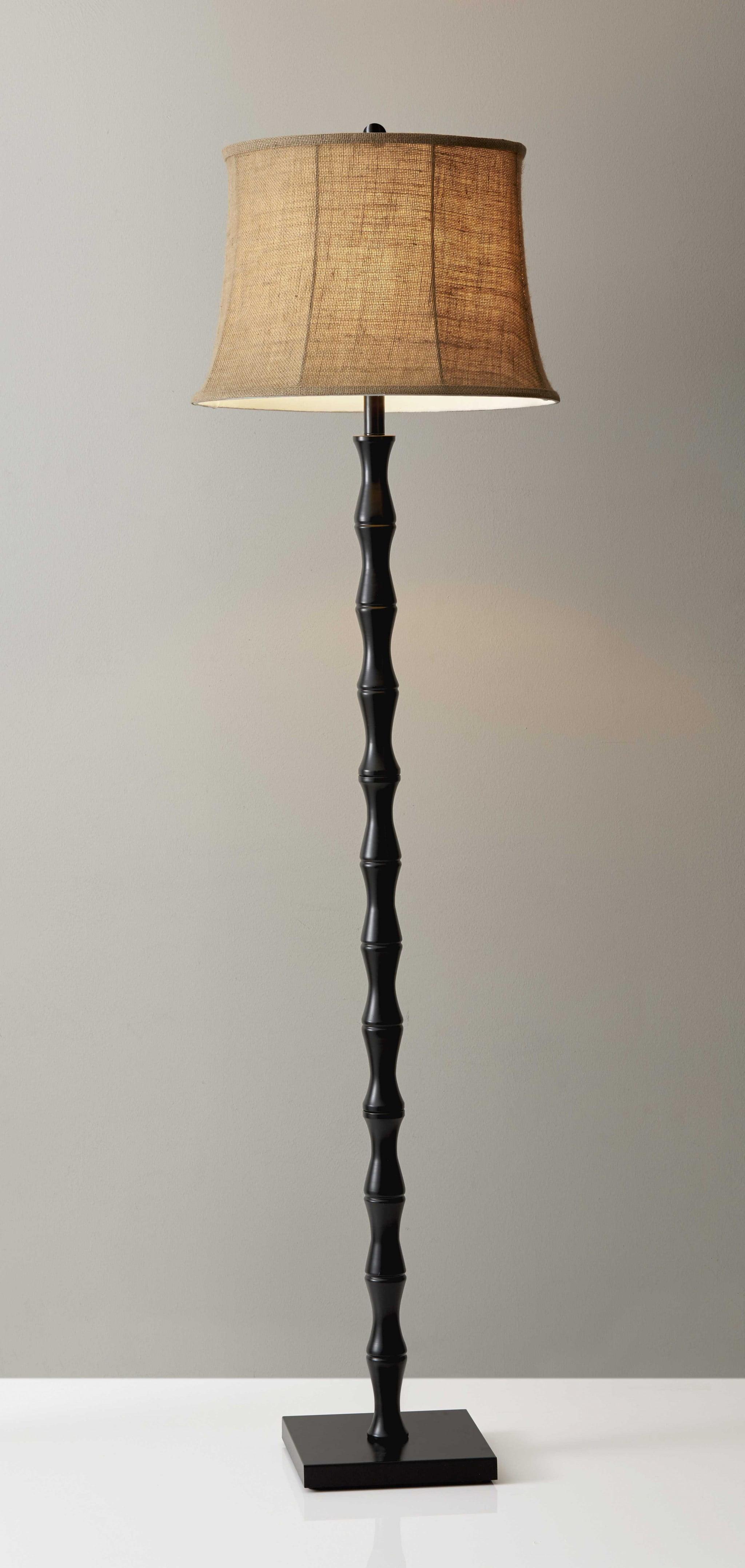 Traditional Carved Black Metal Floor Lamp with Brown Burlap Shade - 62"