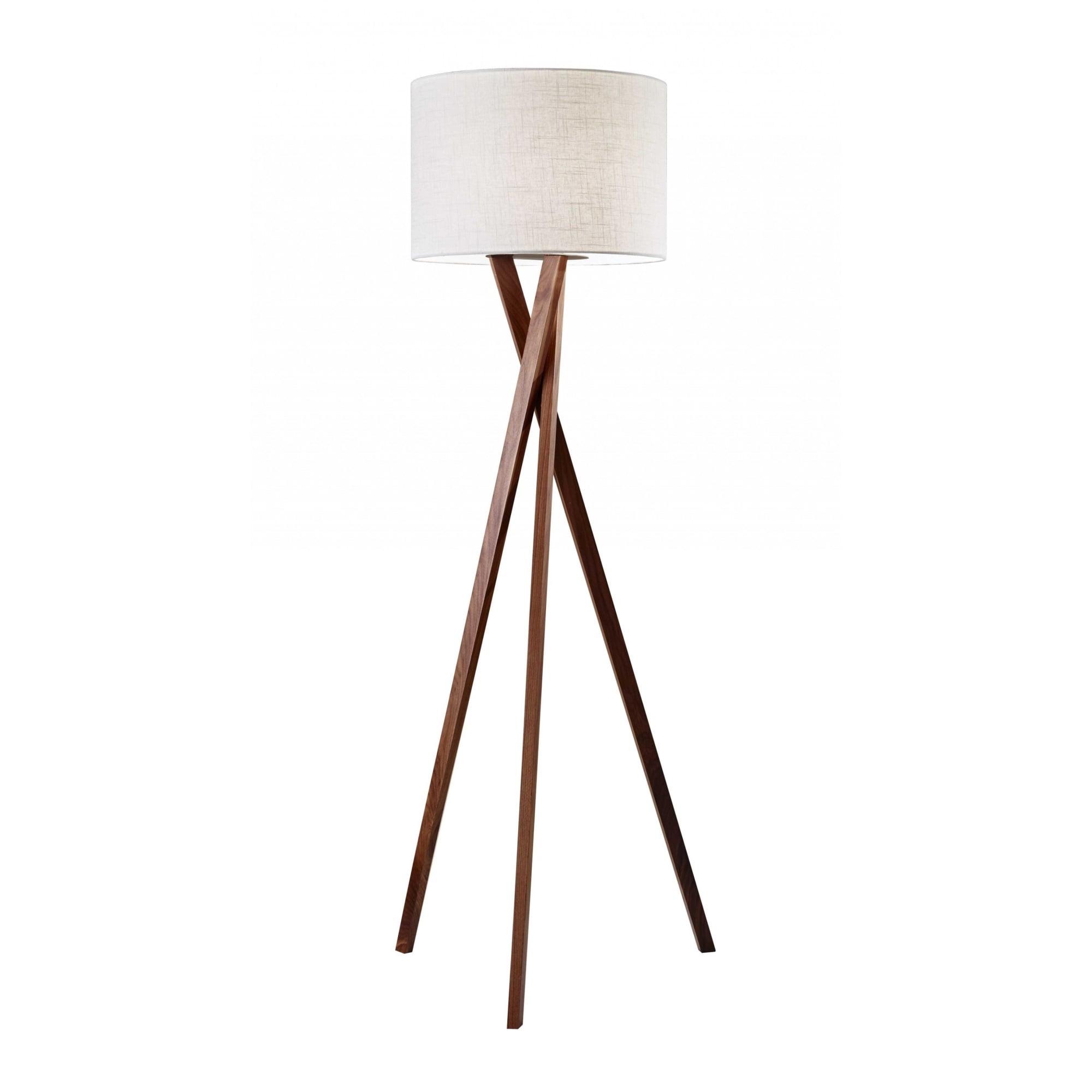 Elegant White Linen Shade Floor Lamp with Light Walnut Tripod Base