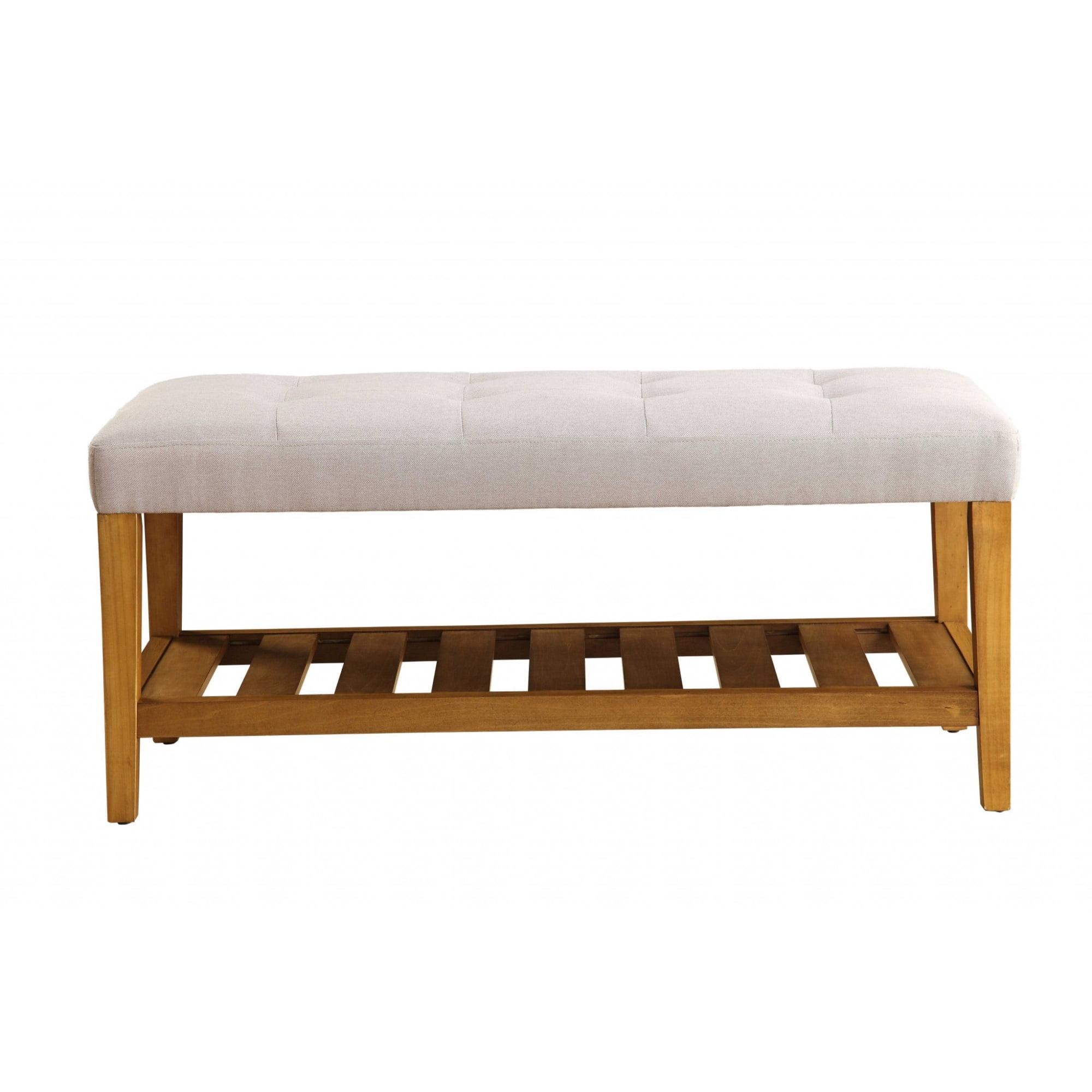 Light Gray and Oak Button Tufted Bedroom Bench with Shelf