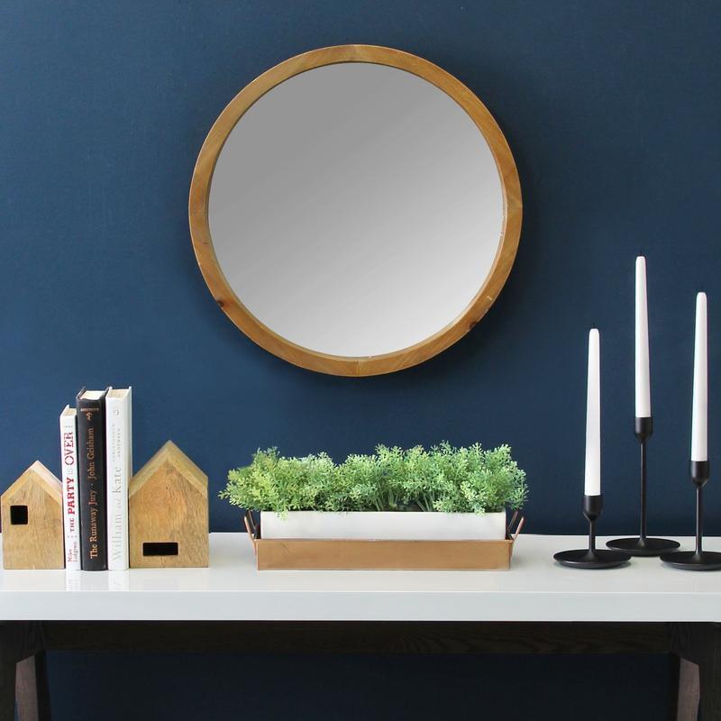 Transitional Light Natural Wood Grain Round Wall Mirror