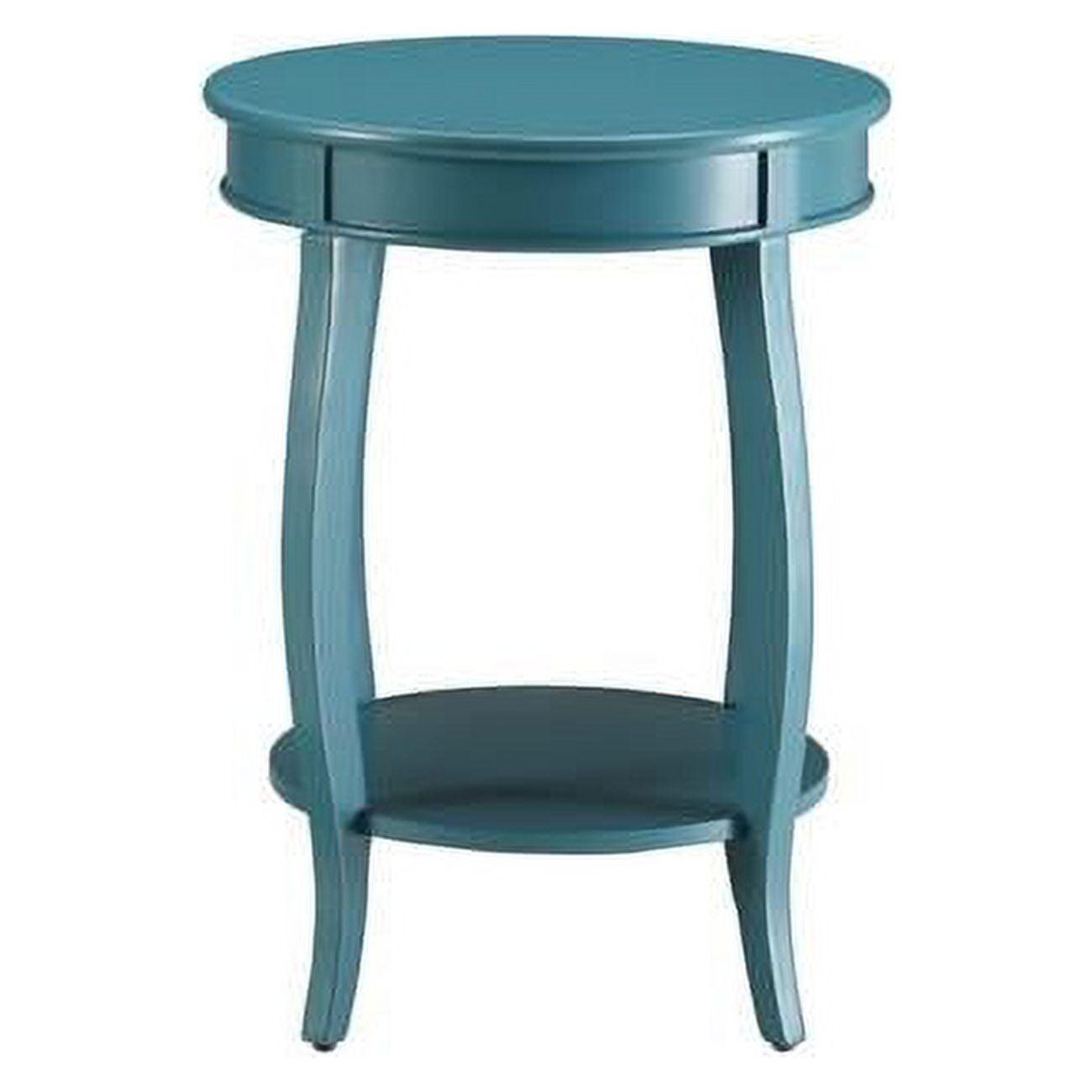 Teal Round Wooden Aberta Side Table with Stylized Legs and Shelf