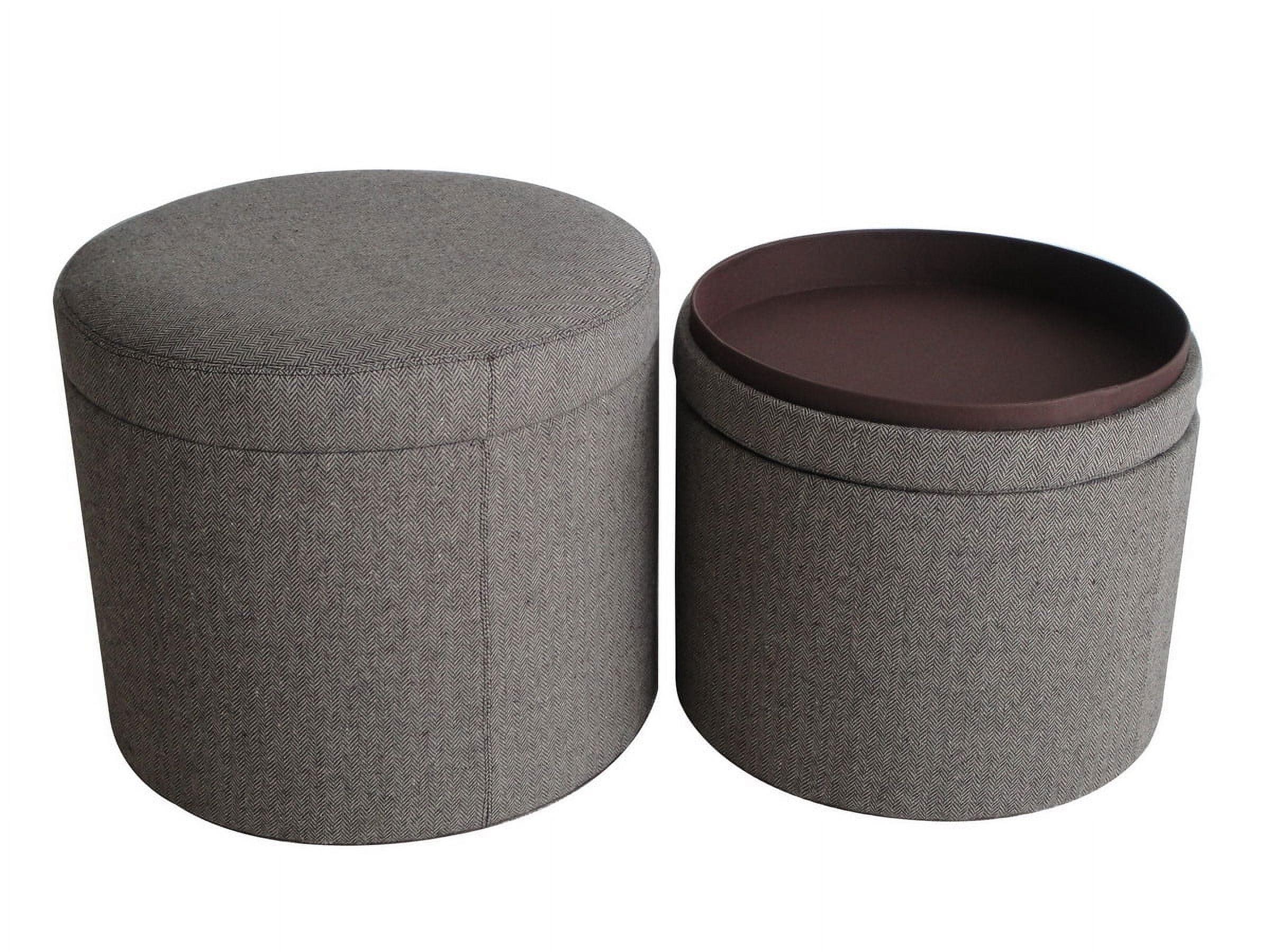 Gray Tweed Round Storage Ottoman with Faux Leather