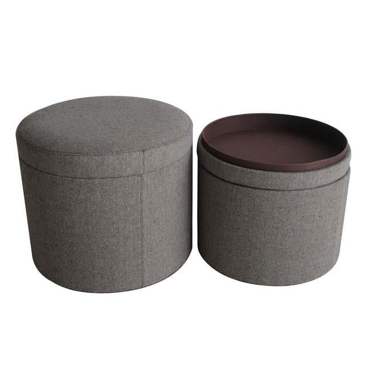 Gray Tweed Round Storage Ottoman with Faux Leather