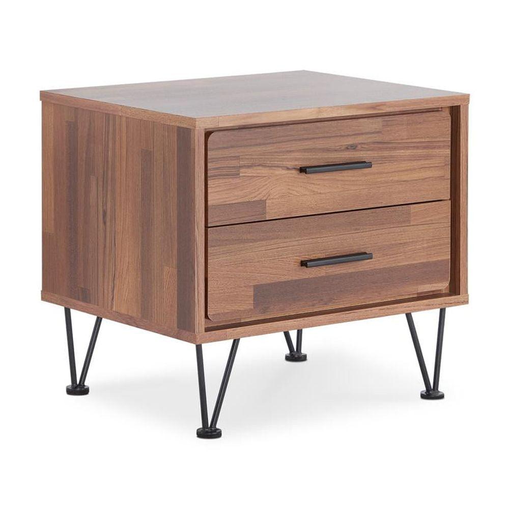 V-Shape Black Metal & Walnut Finish 2-Drawer Nightstand