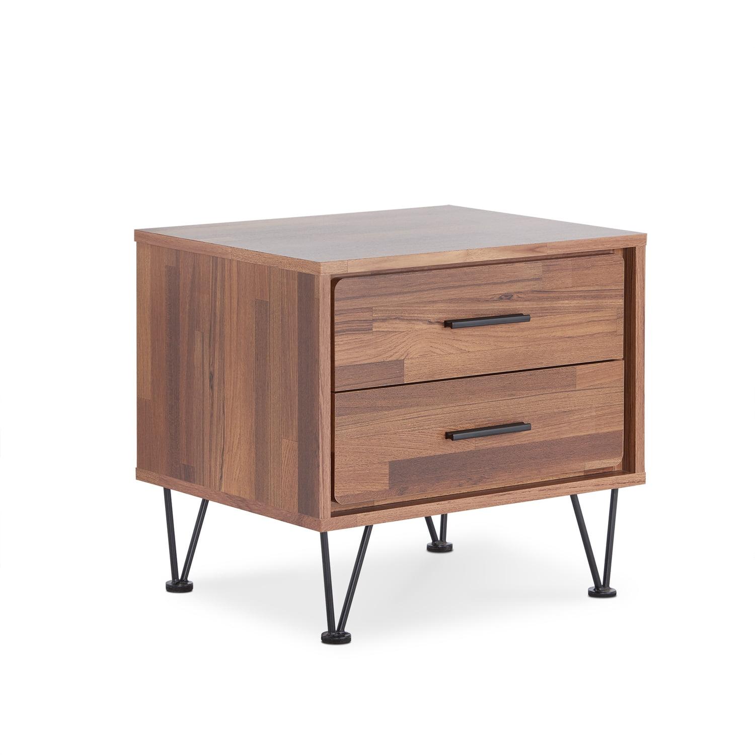 V-Shape Black Metal & Walnut Finish 2-Drawer Nightstand