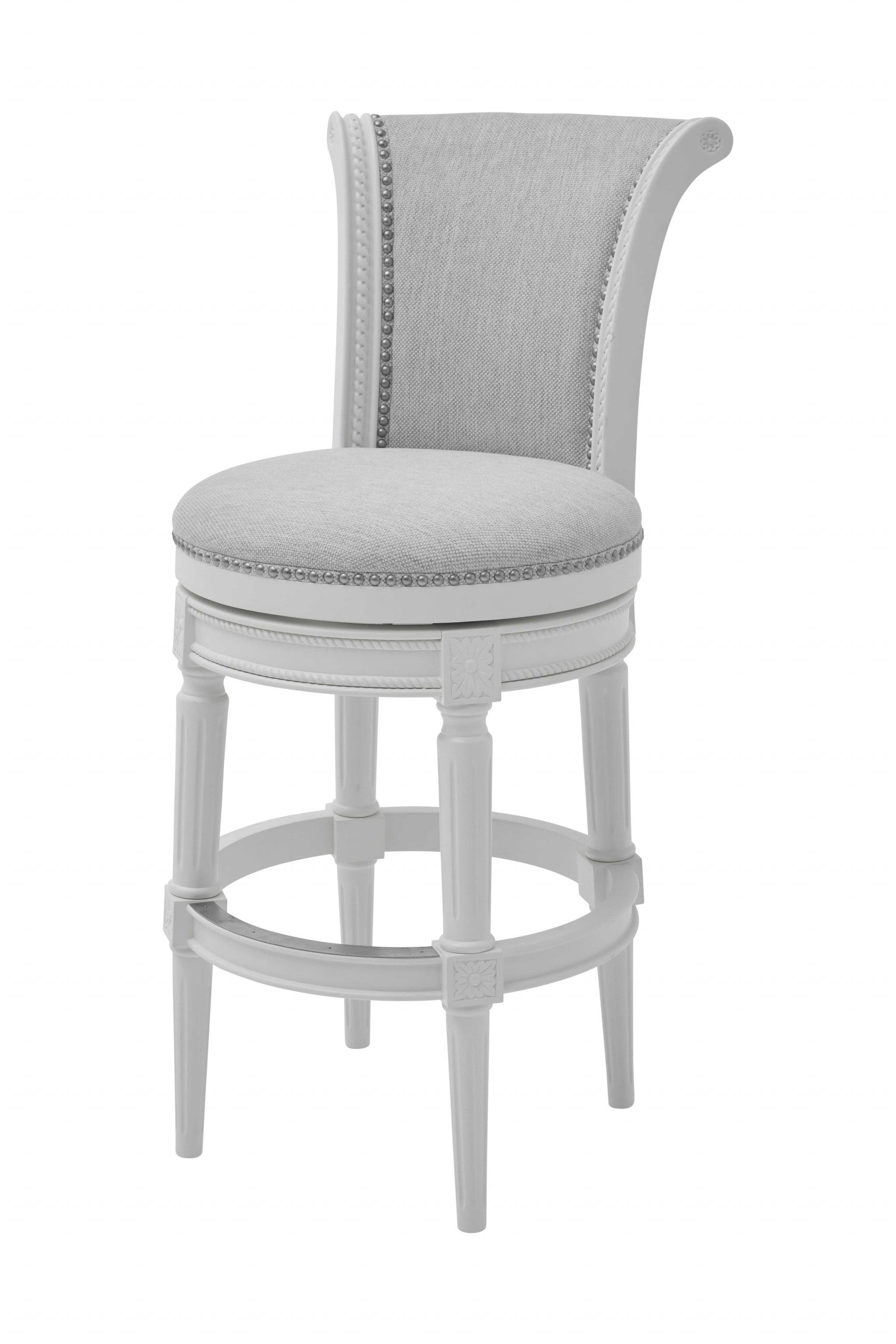 Traditional White Wood Swivel Bar Stool with Gray Upholstery