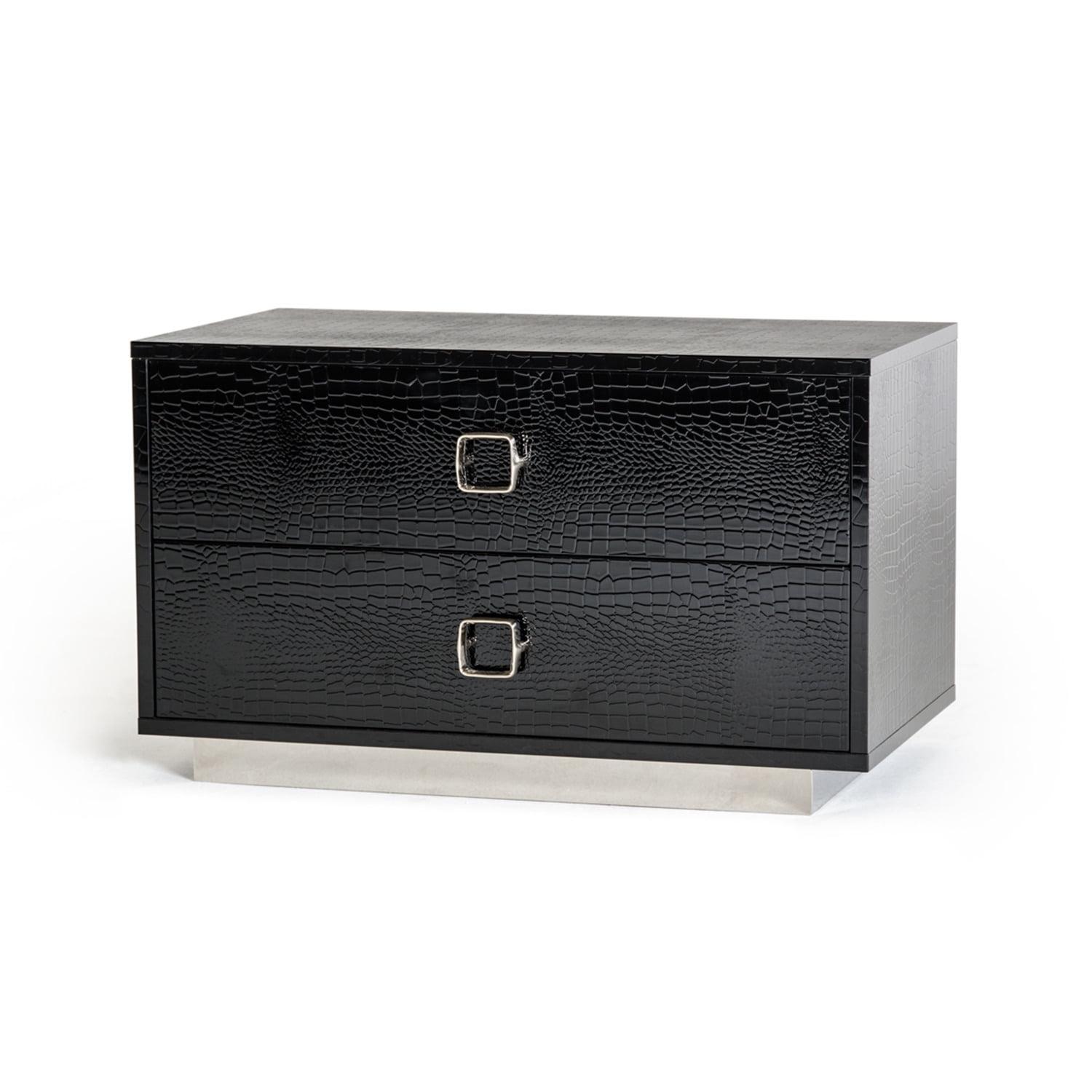 Black Faux Crocodile 2-Drawer Modern Nightstand