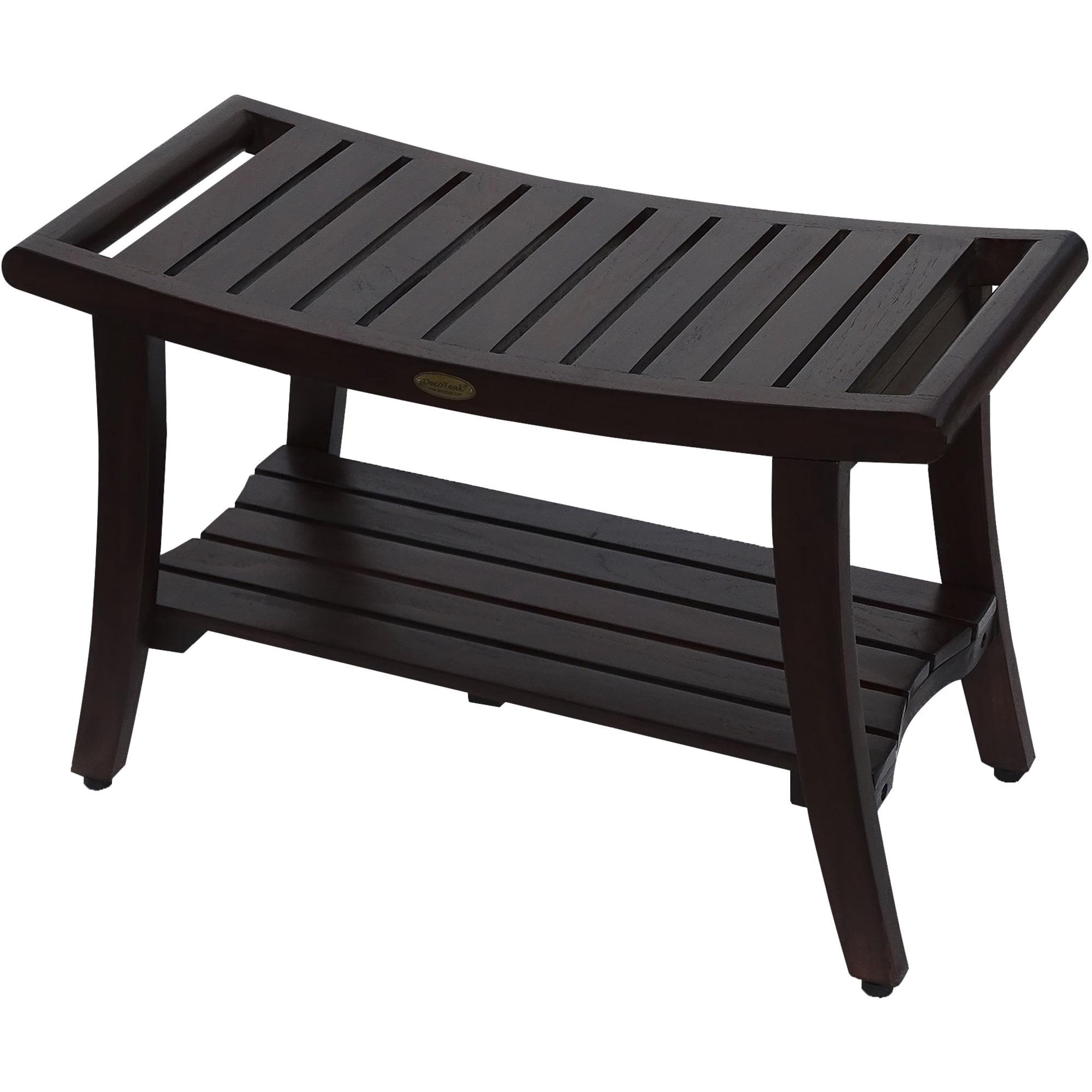 Dark Brown Teak Shower Bench with Handles and Shelf