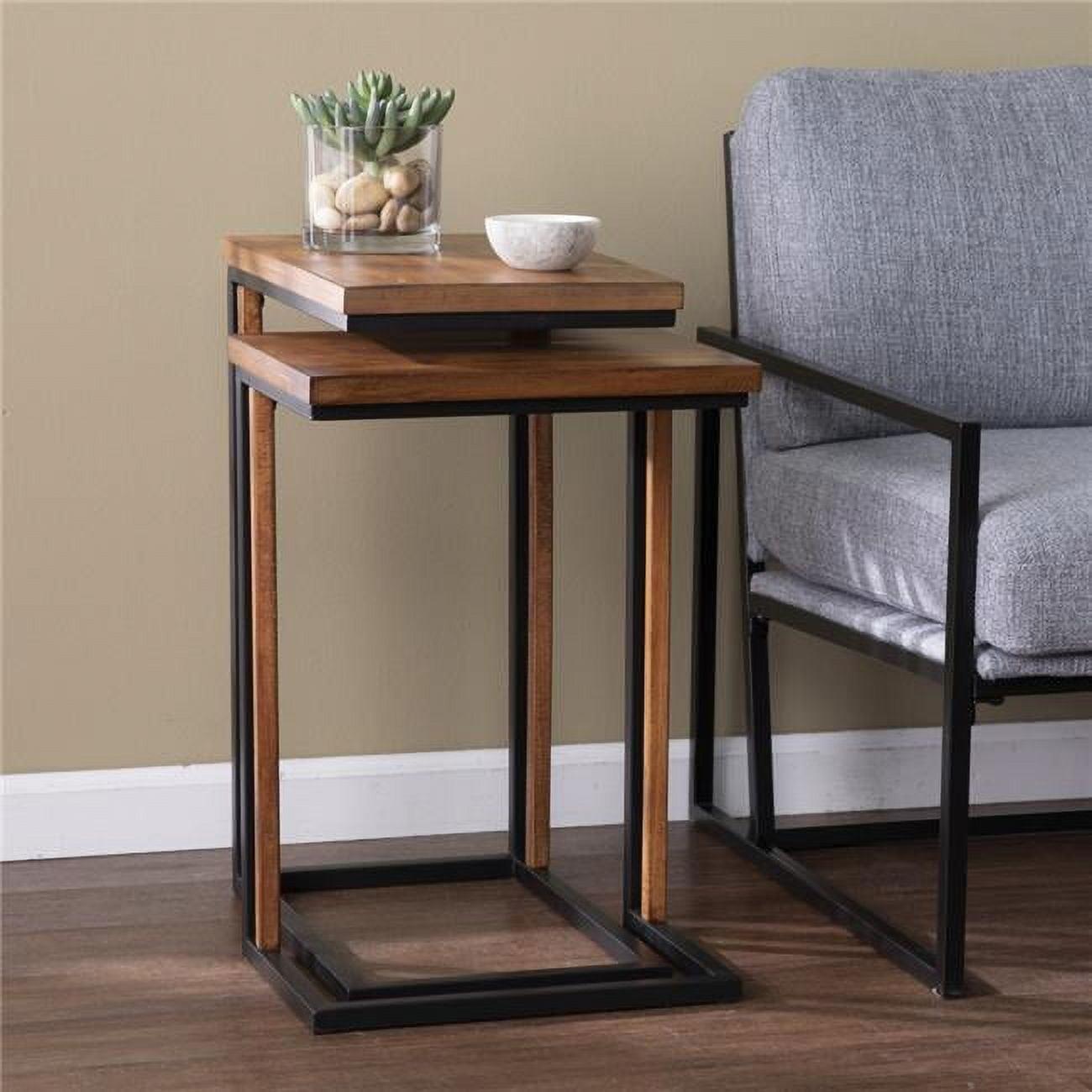 Brown Solid Wood Rectangular Nested End Tables with Storage