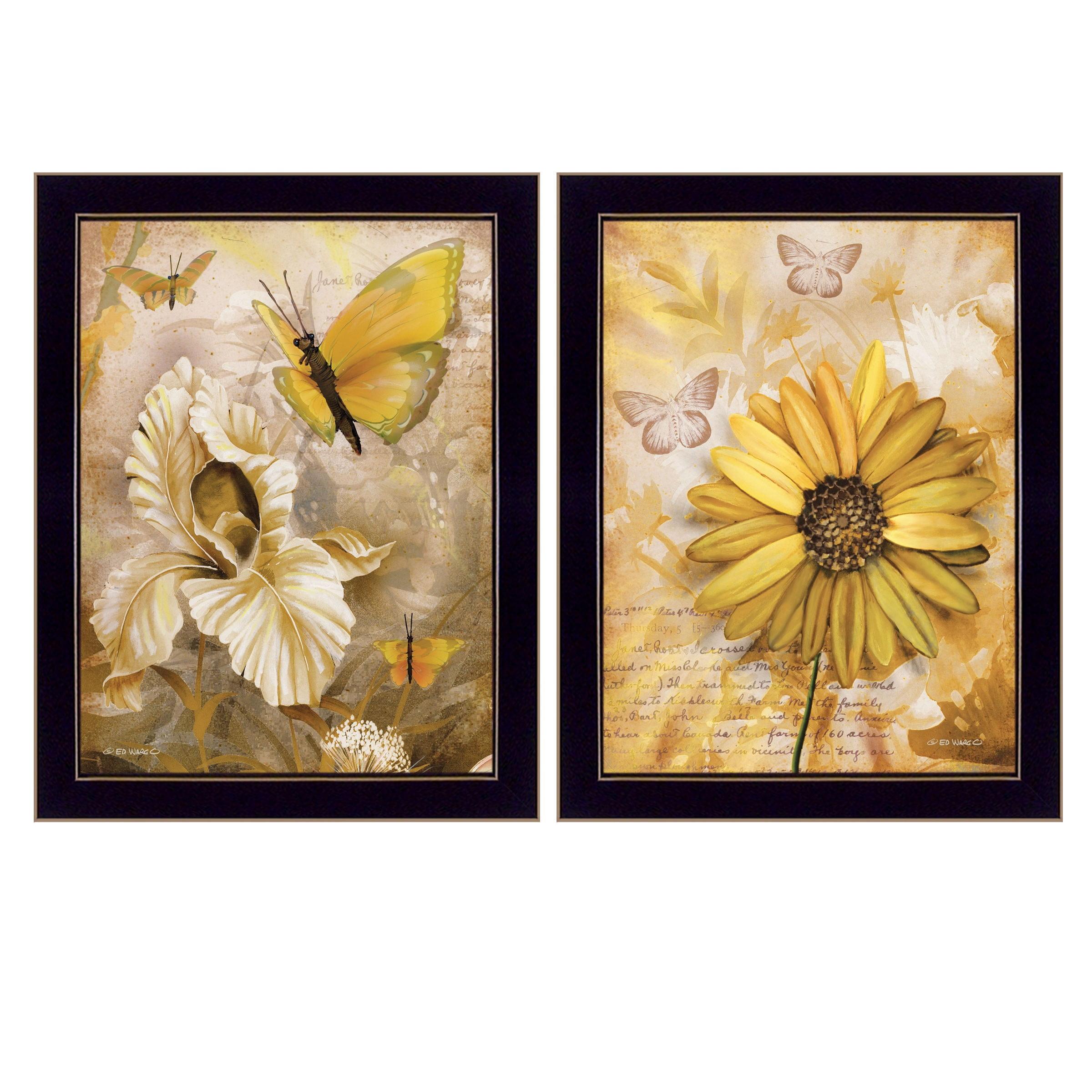 HomeRoots Set Of Two Flowers And Butterflies 3 Black Framed Print Wall Art