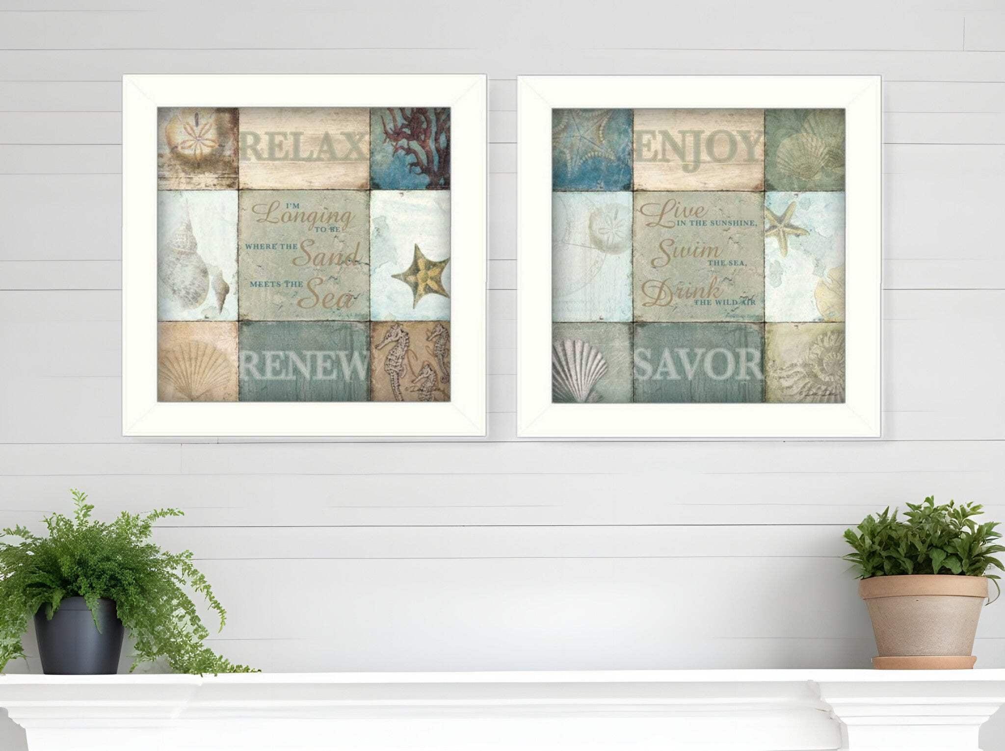 HomeRoots 405706 Sunshine Sand & Sea White Framed Print Wall Art - Set of 2