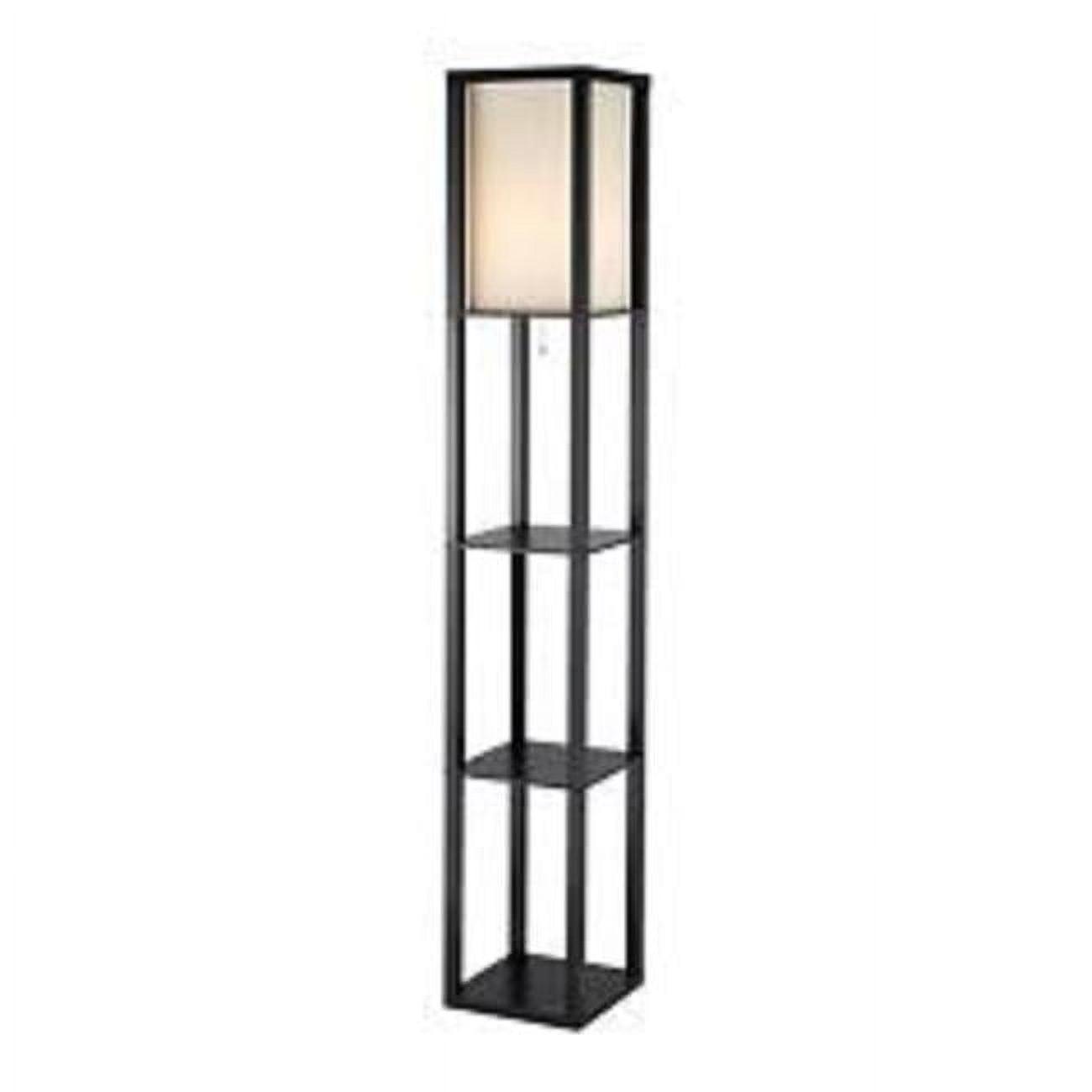 Sleek Black Wood Column Floor Lamp with Storage Shelves