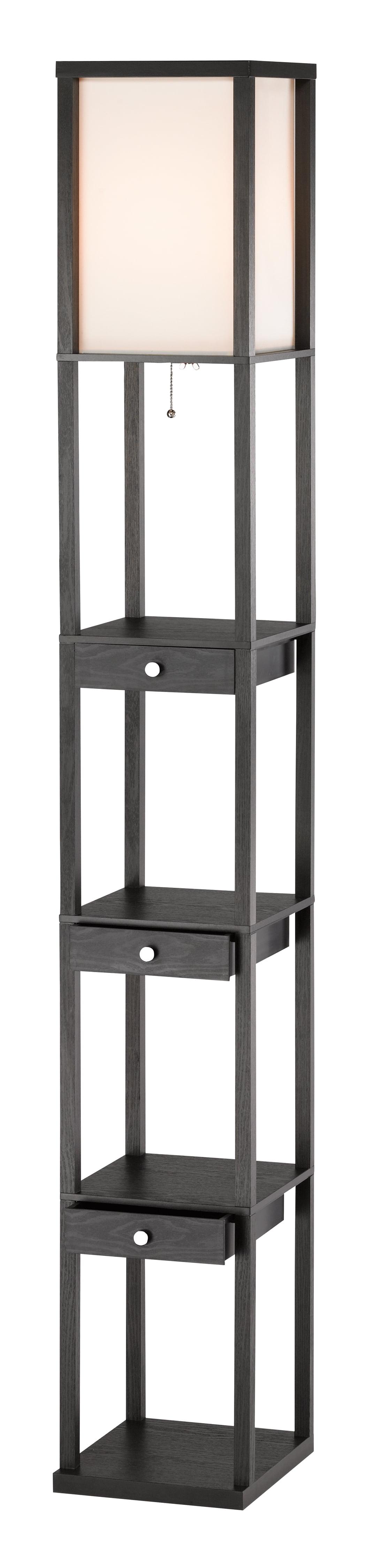 Three Drawer & Shelf Floor Lamp with Black Wood