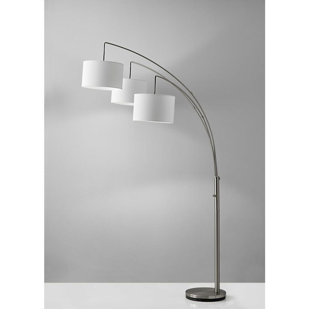 HomeRoots Three Light Brushed Steel Metal Arc Floor Lamp with Suspended White Drum Shades - 372706