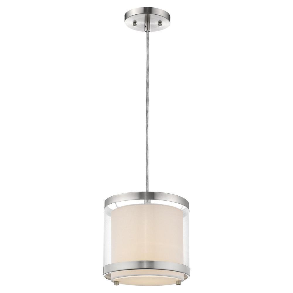 Mini Brushed Nickel Drum Pendant Light with White Fabric Shade