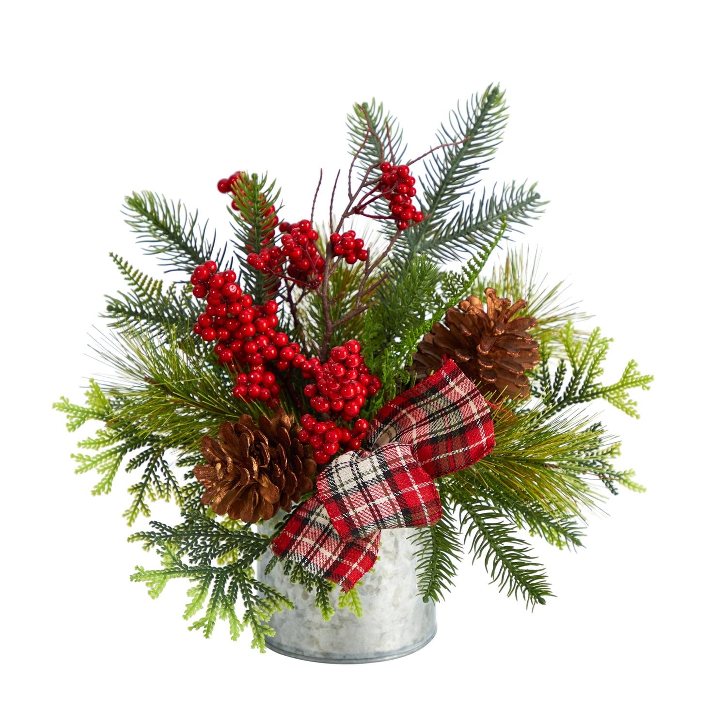 Nearly Natural 12in. Holiday Winter Pinecones, Berries, Greenery and Plaid Bow Artificial Christmas Table Arrangement