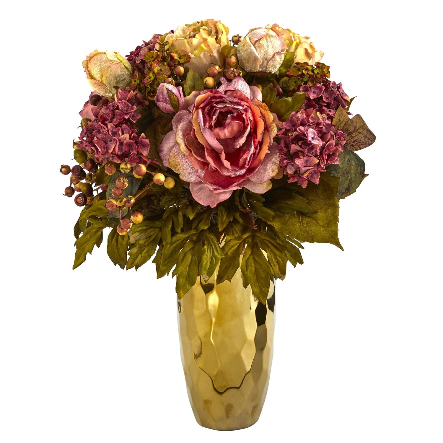 Elegant Peony 19" Artificial Arrangement in Glam Gold Vase