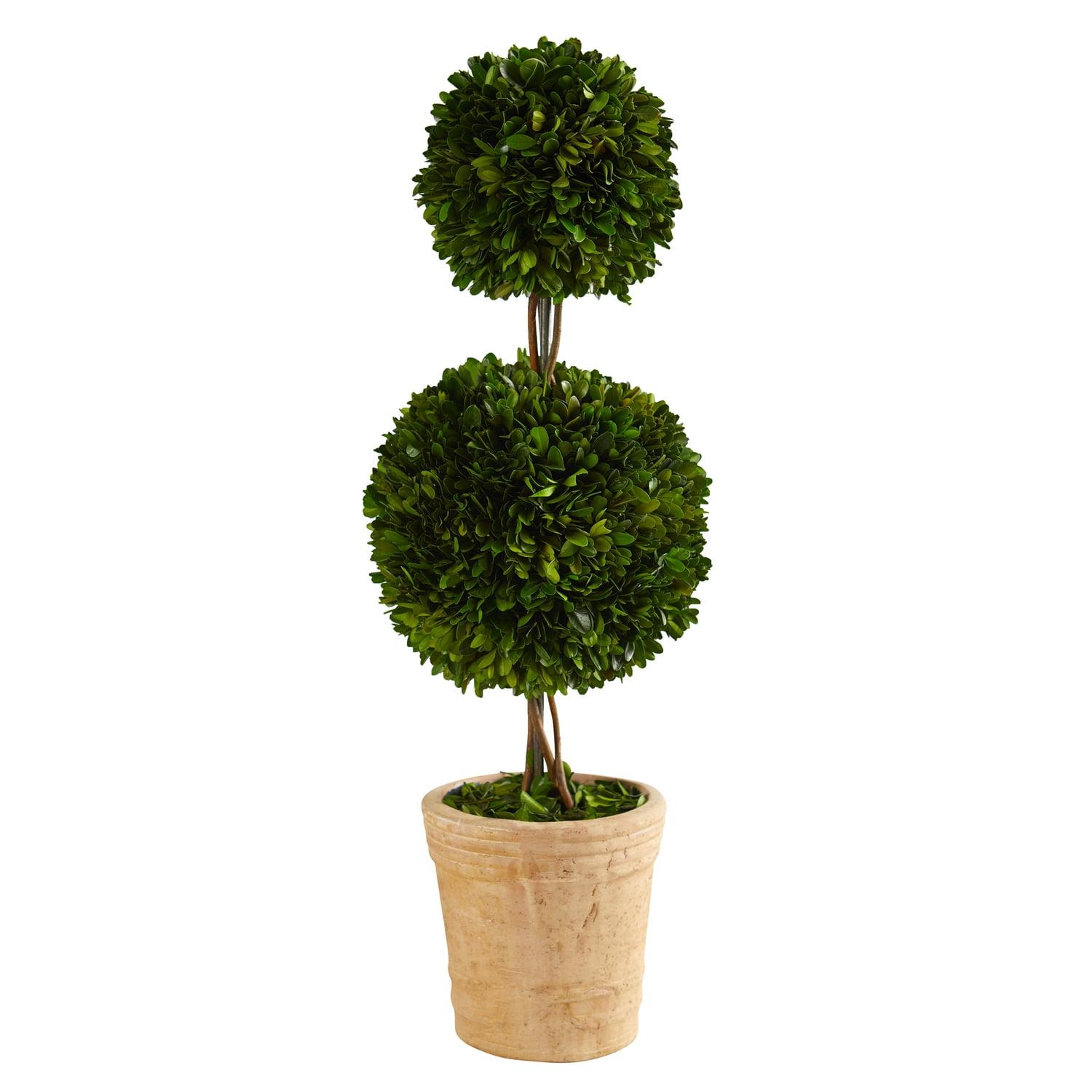 30" Green Boxwood Double Ball Topiary in Beige Planter