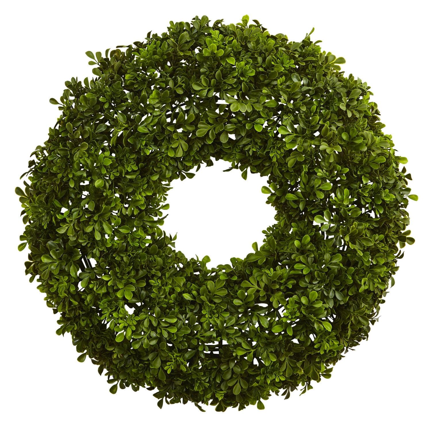 22-Inch Green Artificial Boxwood Wreath with Ribbon