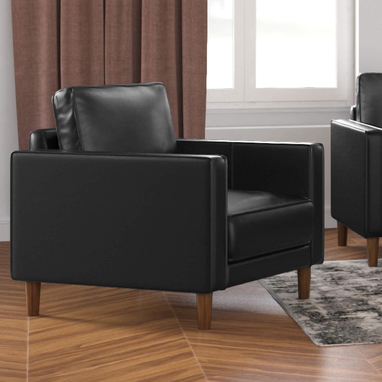 Black Top Grain Leather and Wood Accent Chair