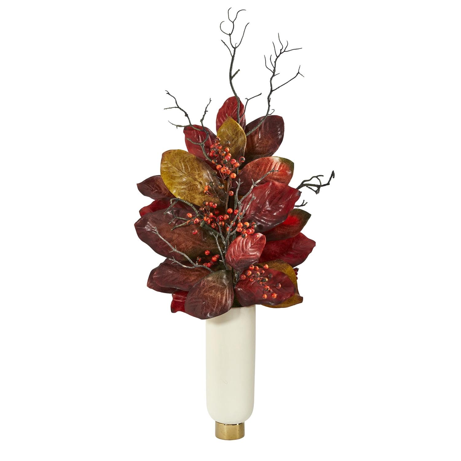 Autumn Elegance 42" Silk Magnolia & Berries in Cream & Gold Planter