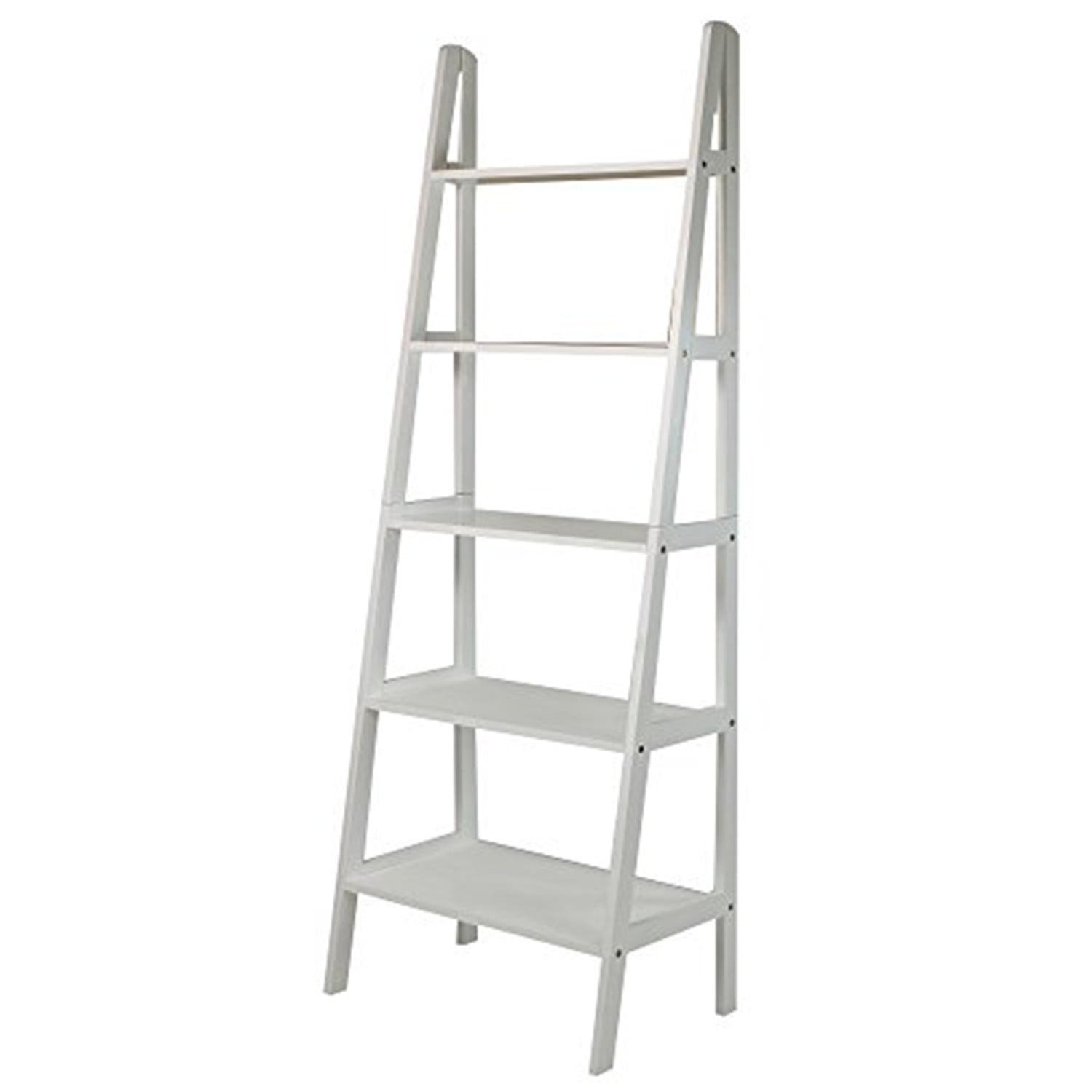 Cascading White Solid Wood 5-Shelf Ladder Bookcase