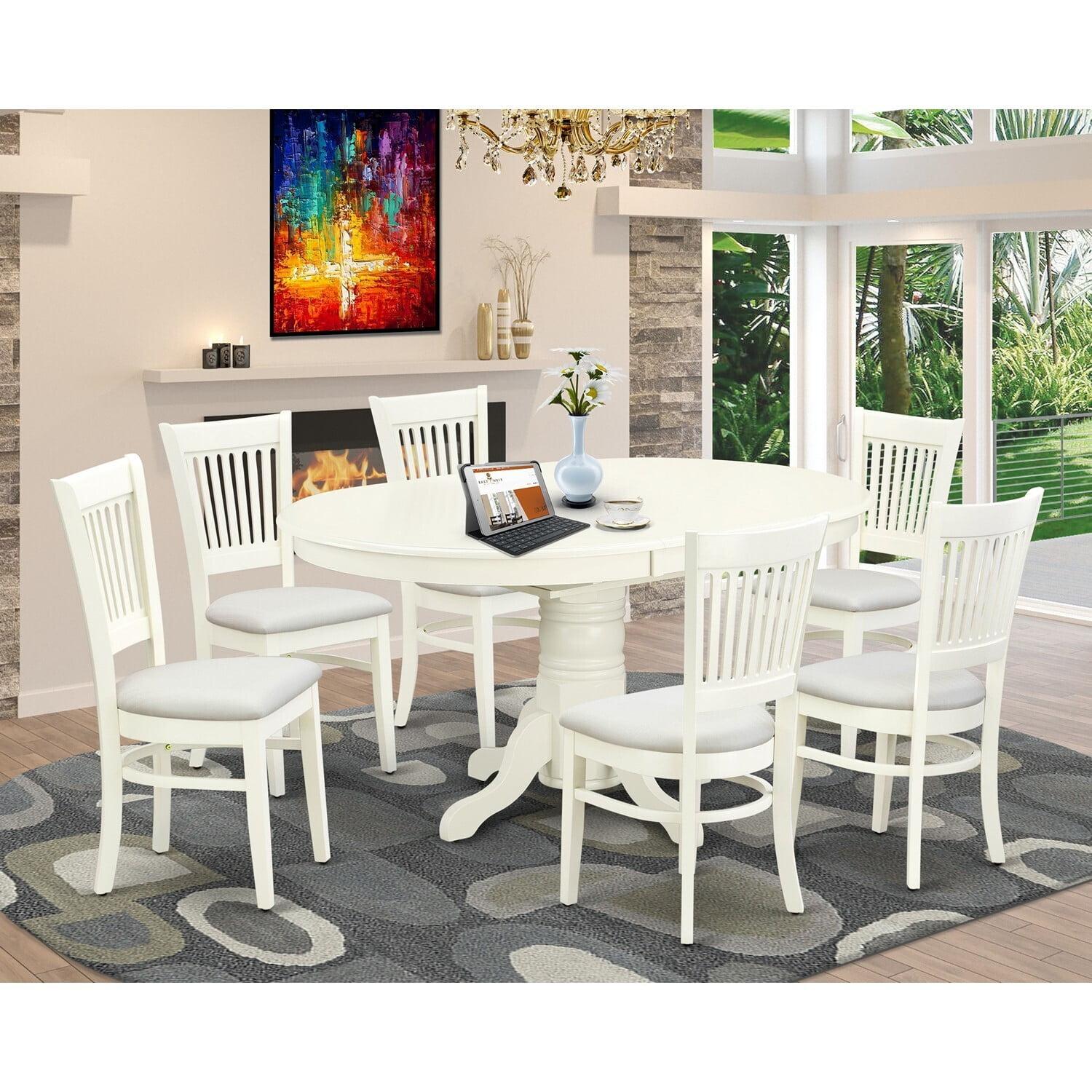 East West Furniture Avon 7-piece Wood Table and Dining Chairs in Linen White