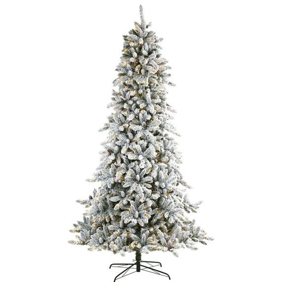 Nearly Natural 9' Flocked Fir Artificial Christmas Tree Prelit with 650 Clear Warm LED Lights