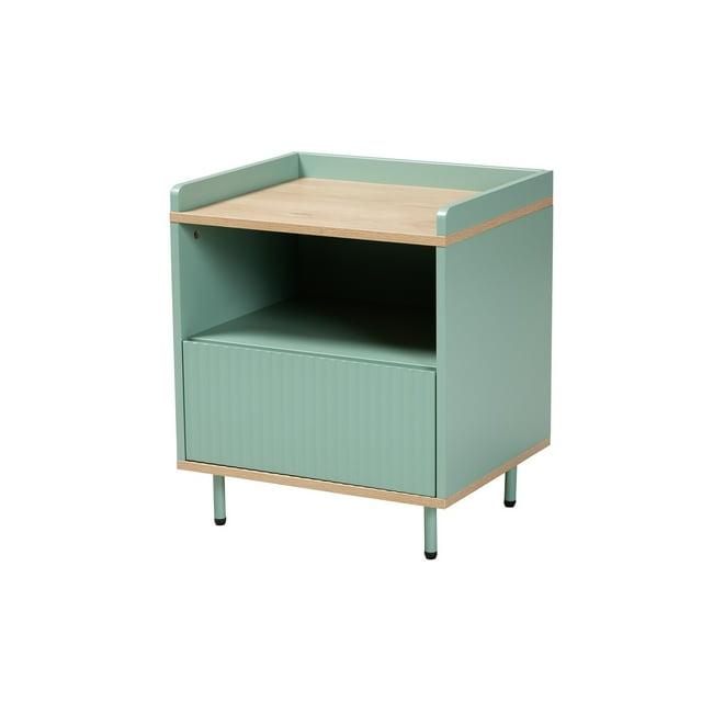 Tavita Two-Tone Wood 1 Drawer End Table Oak Brown/Mint Green - Baxton Studio: Side Table with Storage Shelf