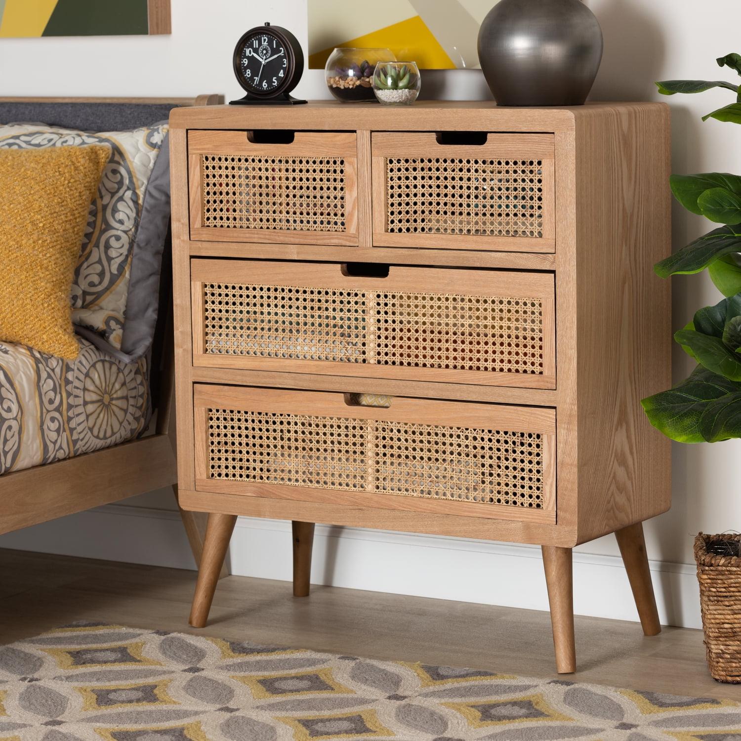 Mid-Century Medium Oak Wood & Rattan 4-Drawer Chest