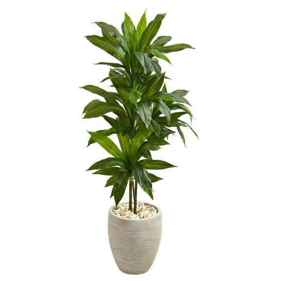 Nearly Natural 4-ft Artificial Dracaena Plant in Sand Colored Planter (Real Touch)