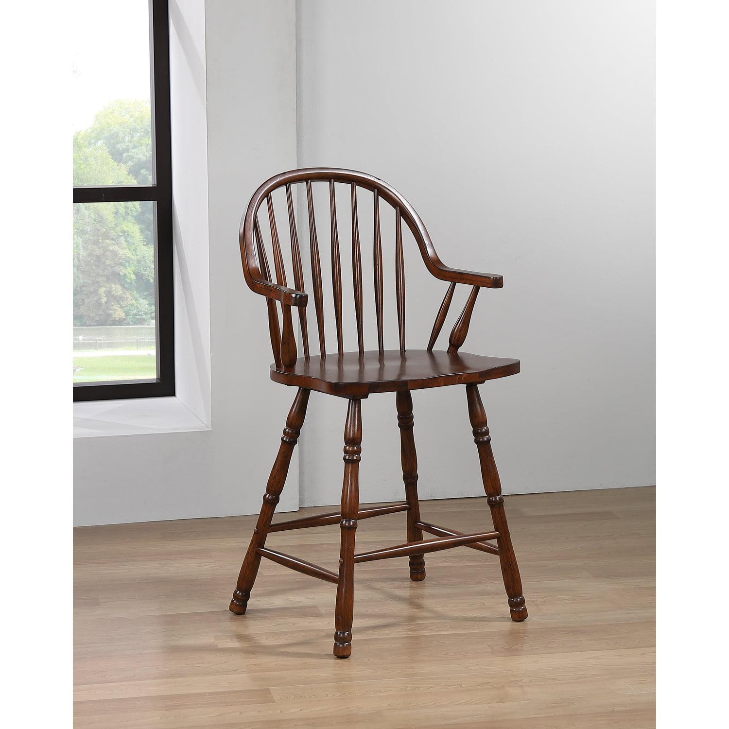 Sunset Trading Andrews 24" Windsor Wood Barstools with Arms in Brown (Set of 2)