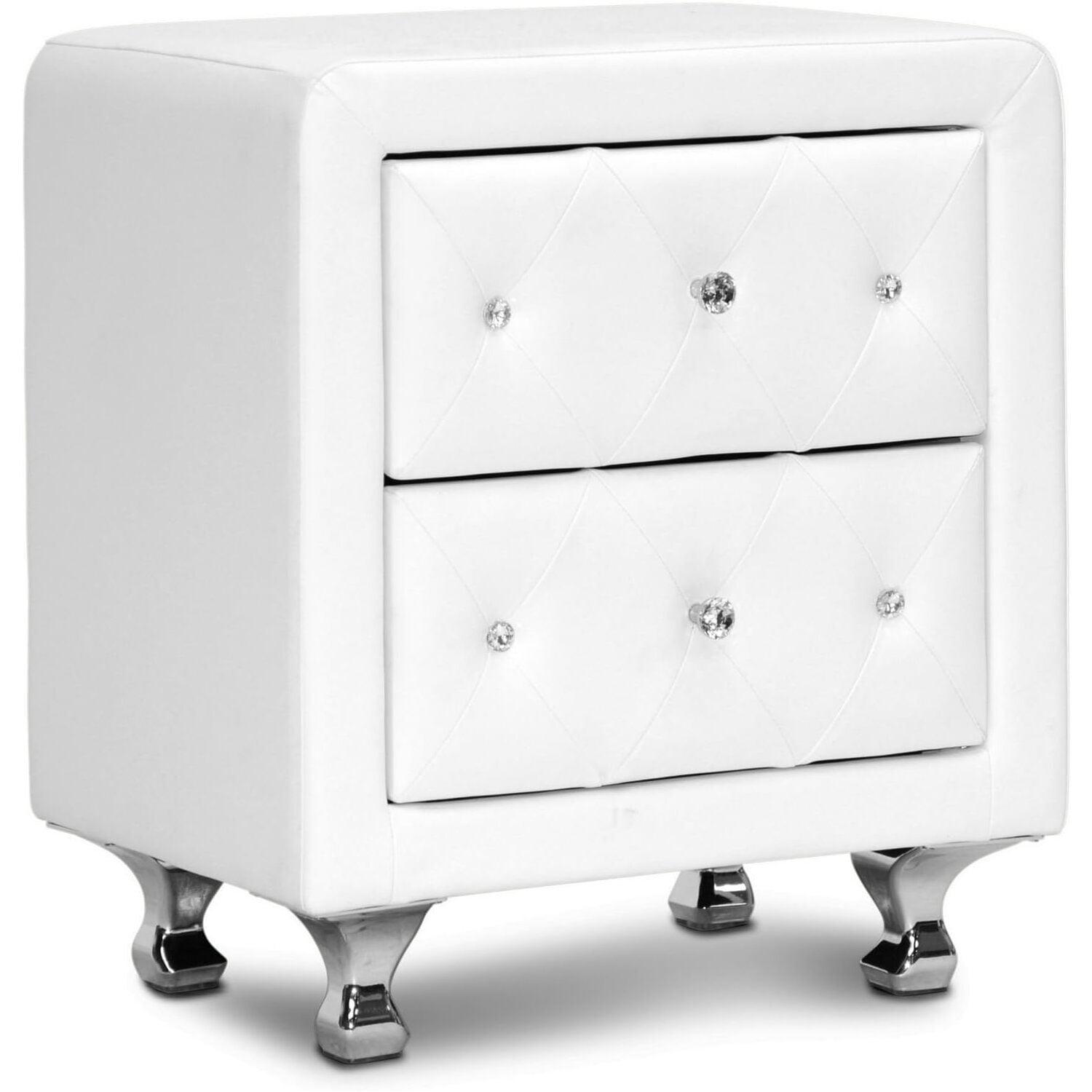 White Faux Leather Crystal Tufted 2-Drawer Nightstand