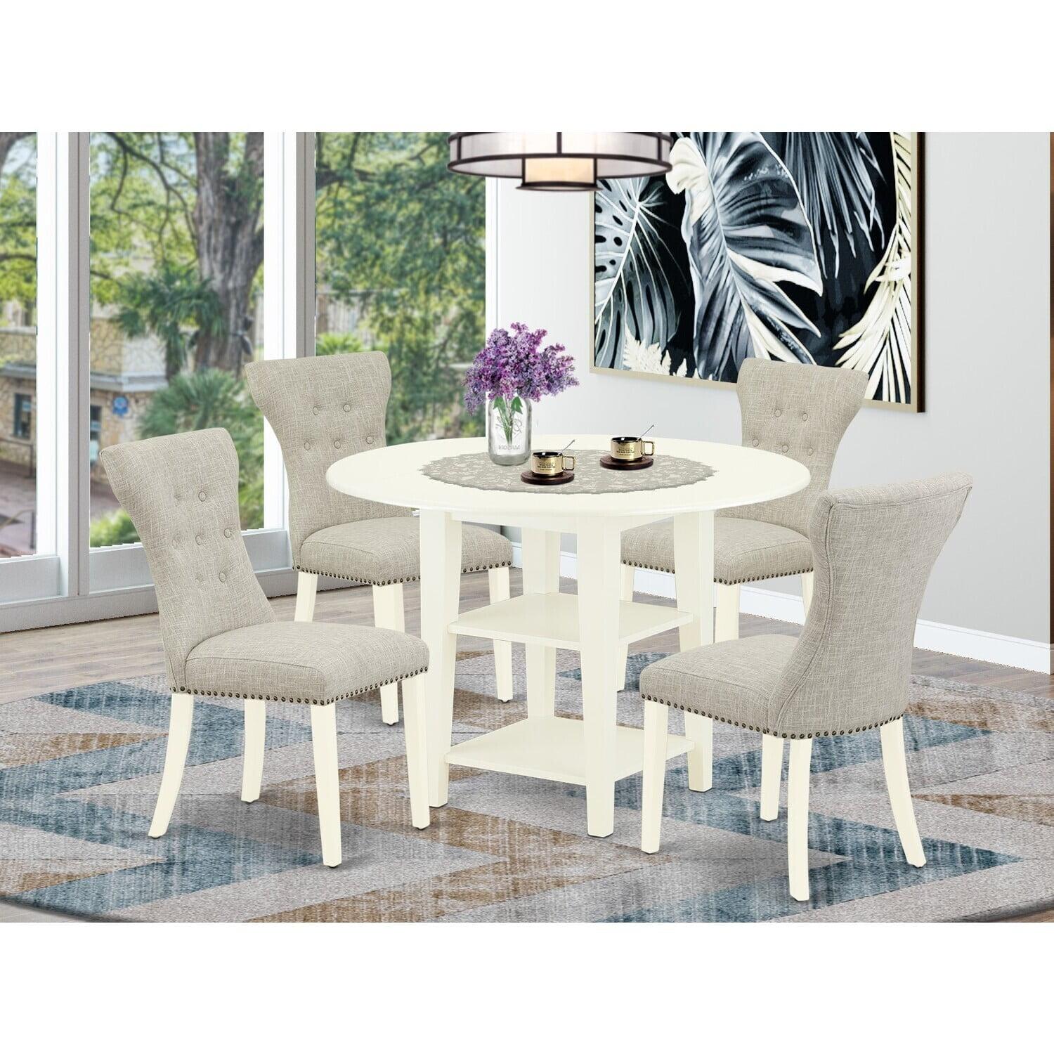 Rosalind Wheeler 5-Piece Linen White Finish Solid Wood Top - Round Dining Room Set with Leaf - Seats 4