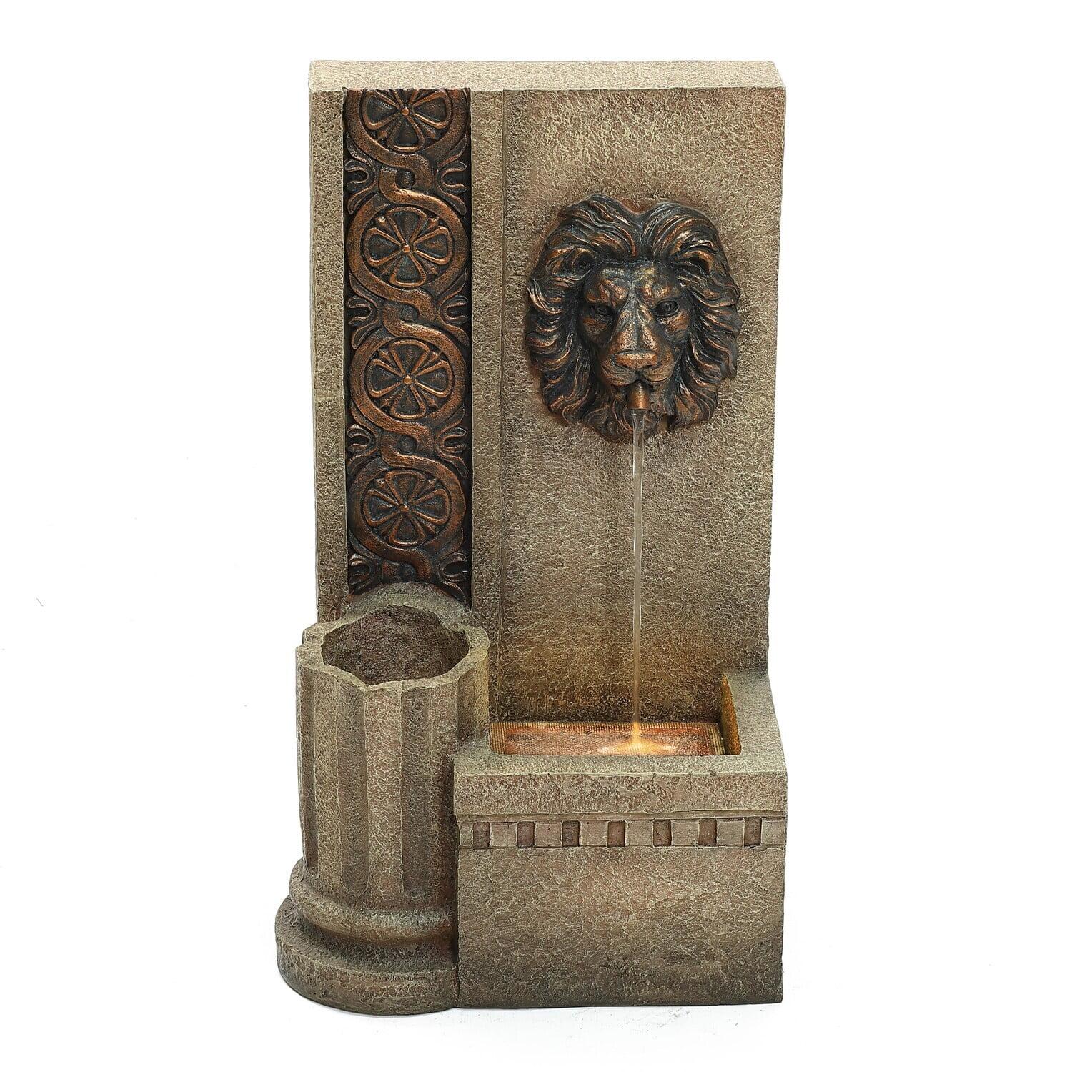 LuxenHome 25.8" H Sandstone Resin Regal Lion Head Floor Outdoor Water Fountain with Lights Brown