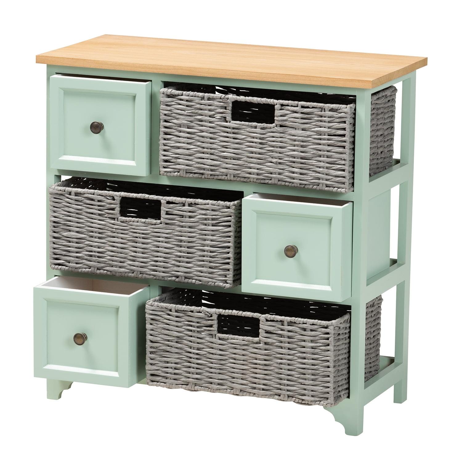 Mint Green and Oak Brown 3-Drawer Storage Unit with Wicker Baskets