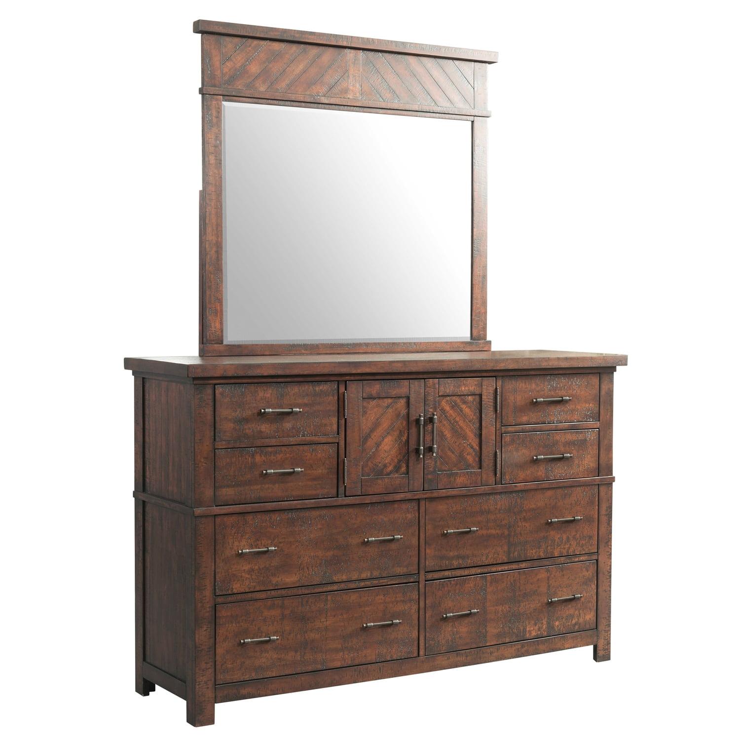 Rustic Brown 8-Drawer Dresser with Mirror and Bronze Pulls